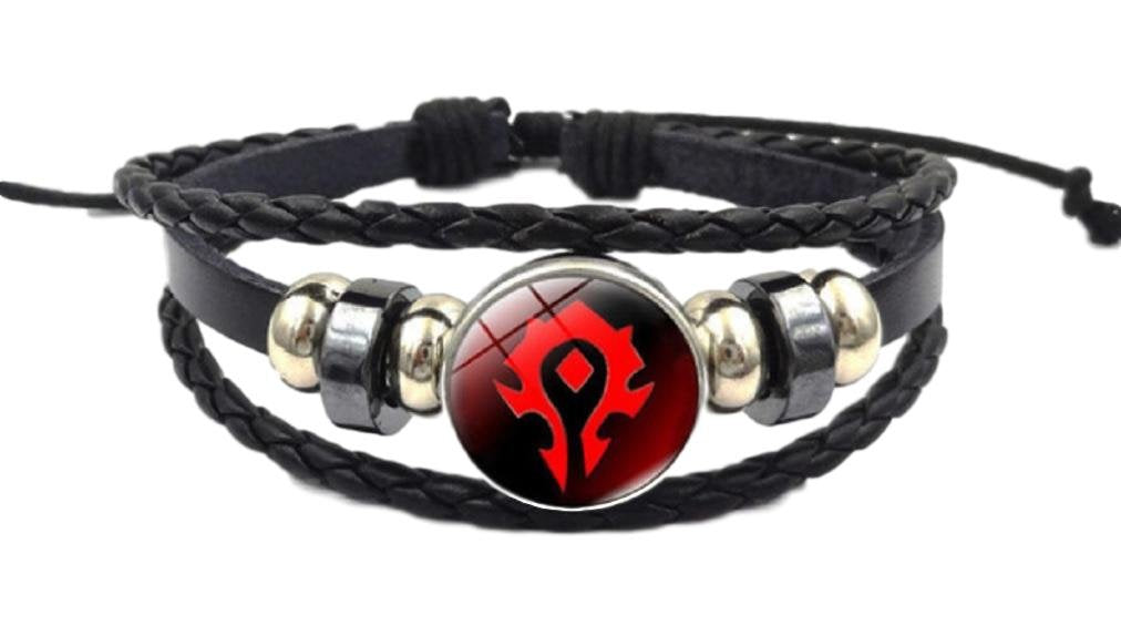 New Horizons Production World of Warcraft Horde Logo Glass Domed Braided Leather Bracelet