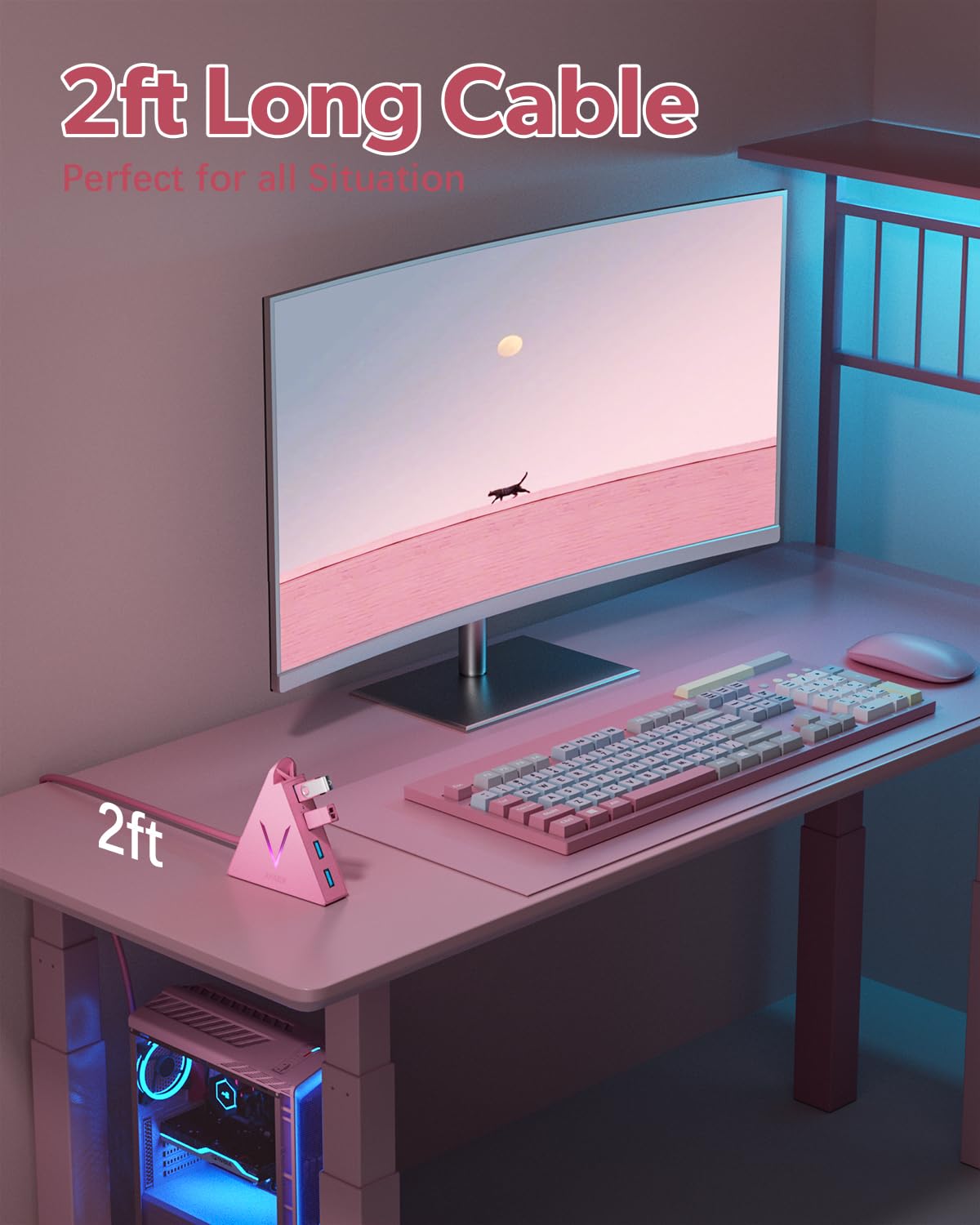 JoyReken 4-Port USB 3.0 Hub, FlyingVHUB Vertical Data USB Hub with 2 ft Extended Cable, for Mac, PC, Xbox One, PS4, PS5, iMac, Surface Pro, XPS, Laptop, Desktop, Flash Drive, Mobile HDD(Pink)