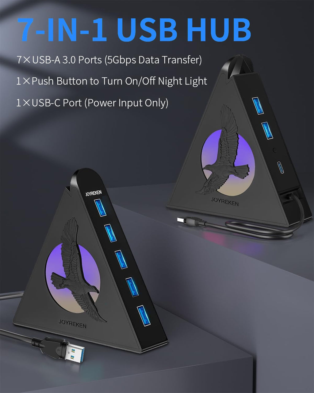 JoyReken 7 Port USB Hub, USB 3.0 Data Hub with 2 ft Long Cable,RGB Night Light,Multi Port Gaming Hub for PC, Laptop, Flash Drive, Keyboard, Mouse, Console, Xbox, PS4/PS5, iMac, Flash Drive, HDD