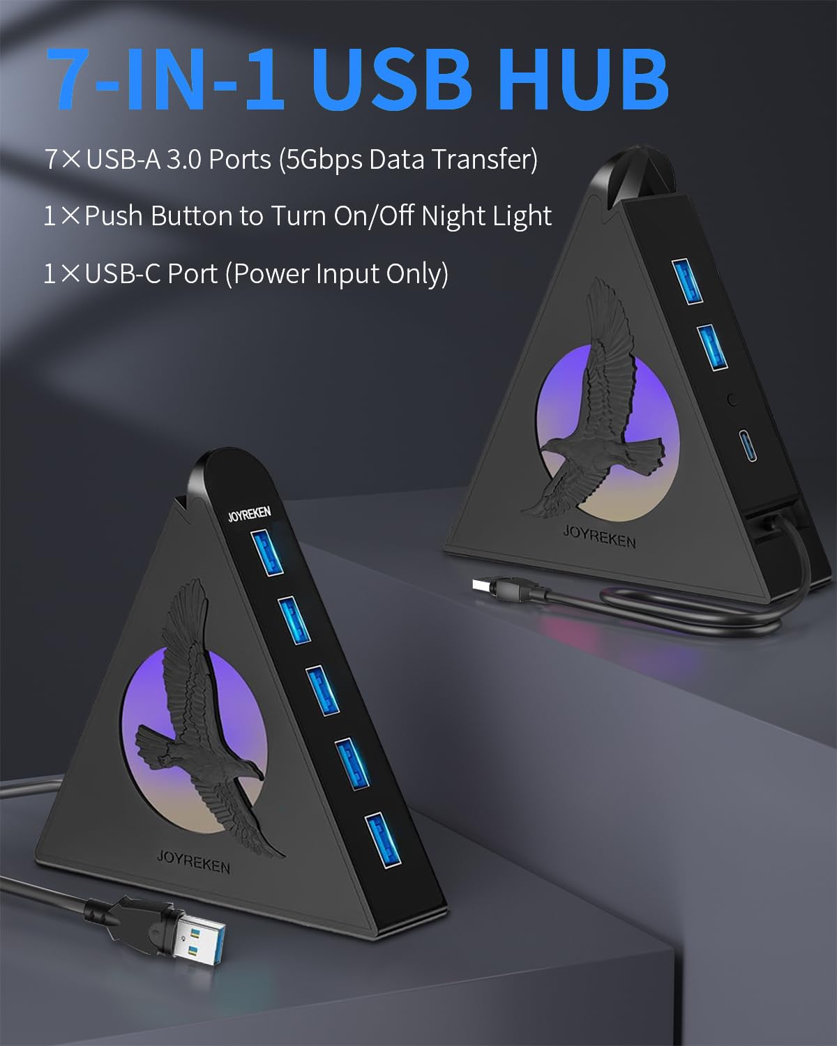 JoyReken 7 Port USB Hub, USB 3.0 Data Hub with 2 ft Long Cable,RGB Night Light,Multi Port Gaming Hub for PC, Laptop, Flash Drive, Keyboard, Mouse, Console, Xbox, PS4/PS5, iMac, Flash Drive, HDD