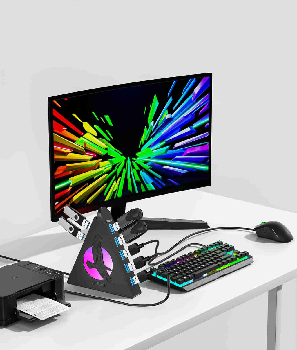 JoyReken 7 Port USB Hub, USB 3.0 Data Hub with 2 ft Long Cable,RGB Night Light,Multi Port Gaming Hub for PC, Laptop, Flash Drive, Keyboard, Mouse, Console, Xbox, PS4/PS5, iMac, Flash Drive, HDD