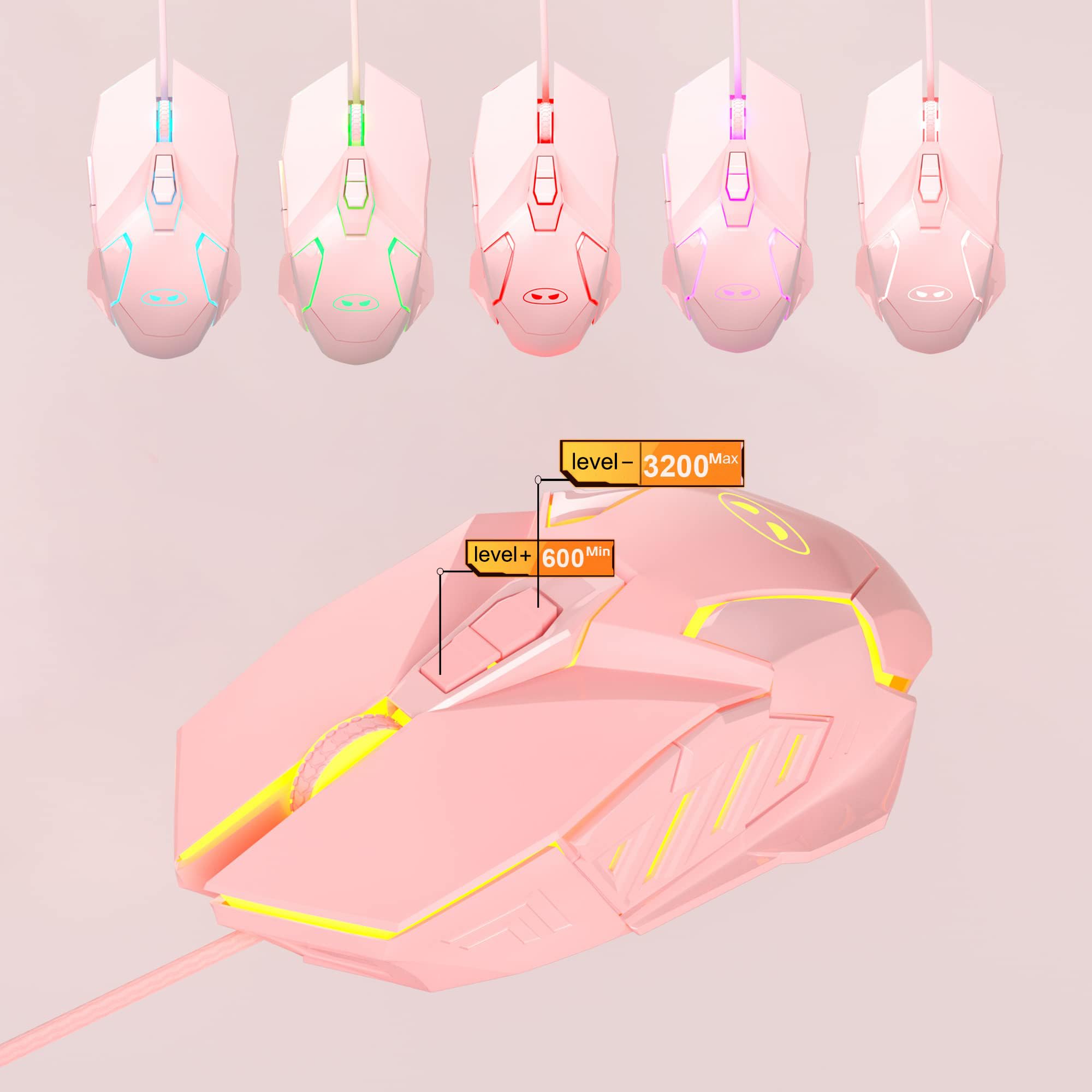 Typewriter Mechanical Gaming Keyboard and Mouse Combo, Retro Punk Round Keycaps RGB Rainbow Backlit Wired Keyboard for Game and Office, for Windows Laptop PC, Red Switches(Pink)