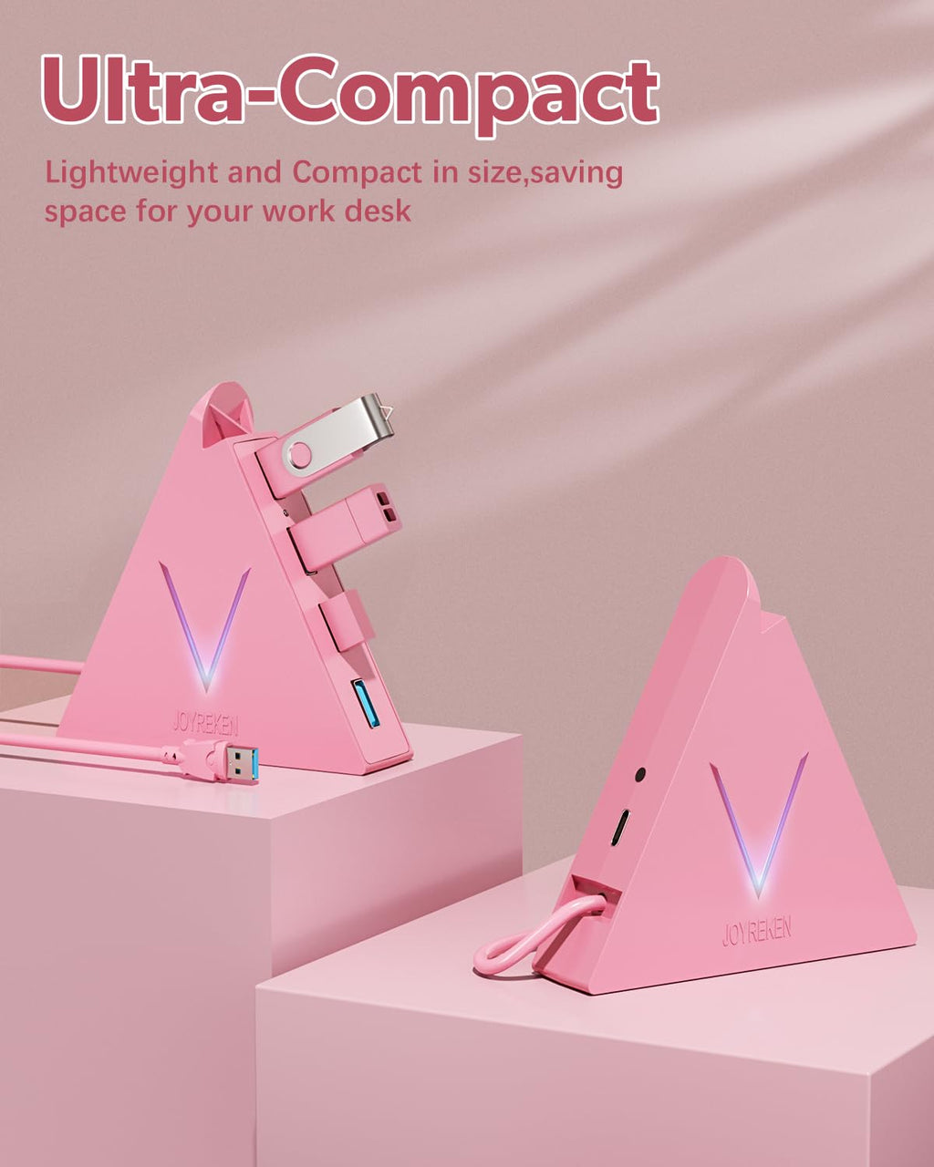 JoyReken 4-Port USB 3.0 Hub, FlyingVHUB Vertical Data USB Hub with 2 ft Extended Cable, for Mac, PC, Xbox One, PS4, PS5, iMac, Surface Pro, XPS, Laptop, Desktop, Flash Drive, Mobile HDD(Pink)