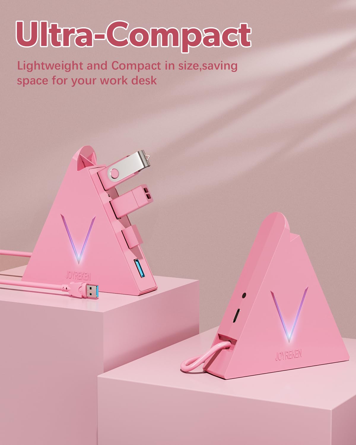 JoyReken 4-Port USB 3.0 Hub, FlyingVHUB Vertical Data USB Hub with 2 ft Extended Cable, for Mac, PC, Xbox One, PS4, PS5, iMac, Surface Pro, XPS, Laptop, Desktop, Flash Drive, Mobile HDD(Pink)