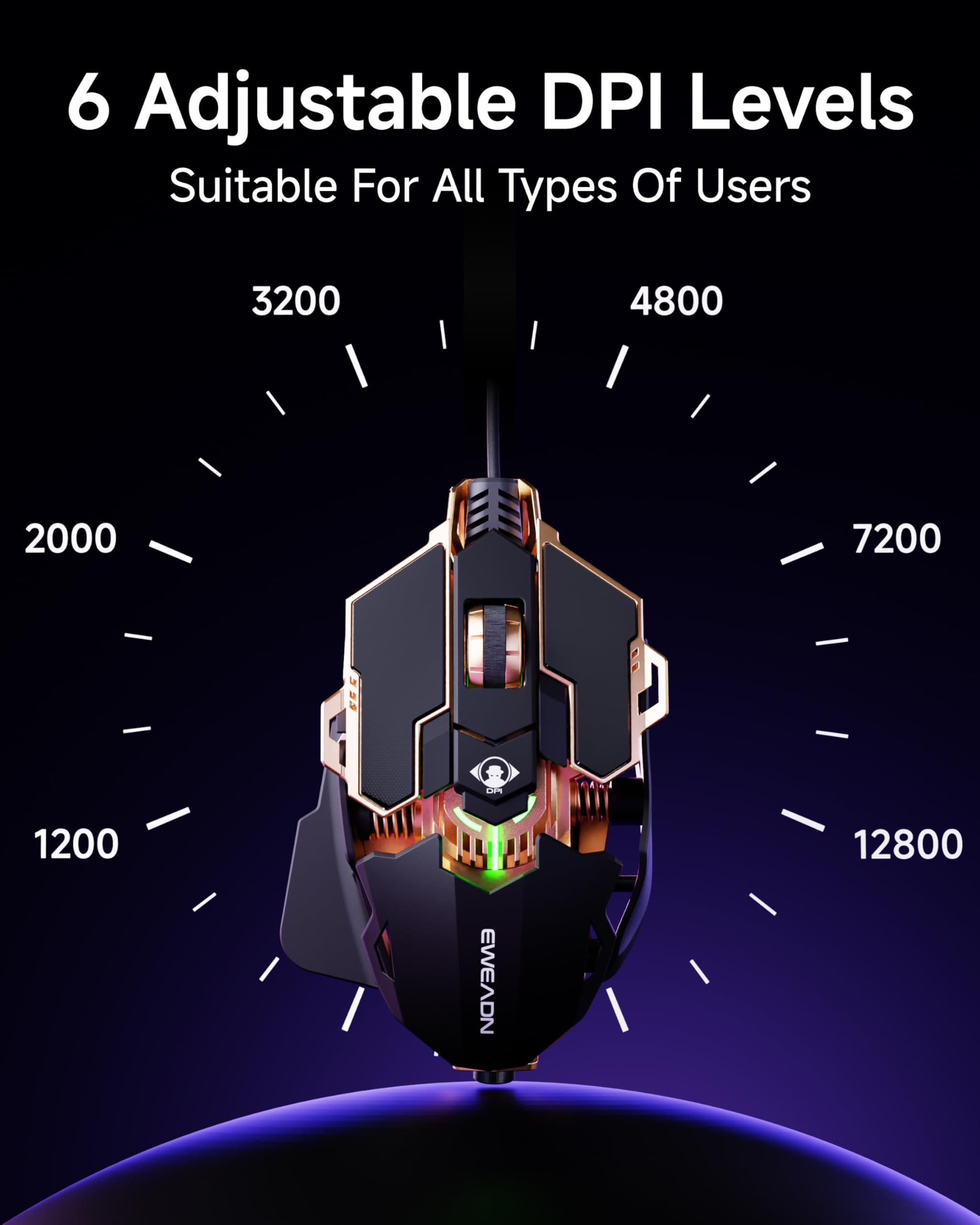 SEUNKWANG EWEADN G5 Wired Gaming Mouse, Ergonomic RGB Computer Mouse, 12800 Adjustable DPI, 9 Programmable Macro Buttons with Rapid Fire Key Compatible for PC/Laptop/Windows- Black&Gold