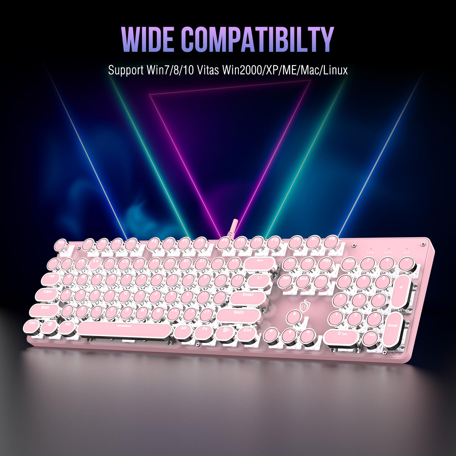Gaozen Typewriter Mechanical Gaming Keyboard with RGB Backlit Red Switches, 104 Keys Retro Round Keycap, Wired Typewriter Style Comfortable Typing Soud (Pink)