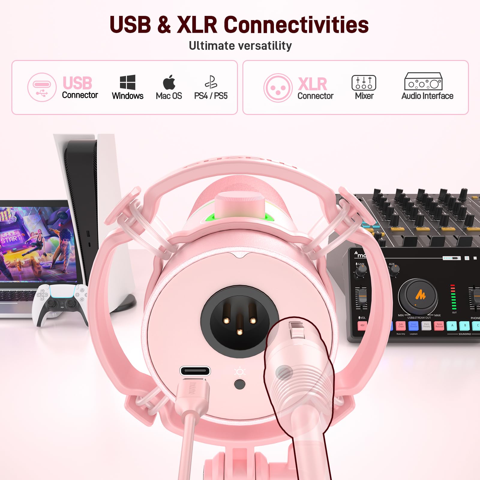 MAONO XLR/USB Dynamic Microphone Kit, RGB Gaming Mic with Software, Mute, Gain Knob, Volume Control, Boom Arm for Streaming, Podcasting, Voice-Over, Recording-PD200XS Pink