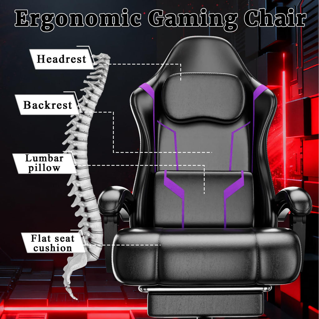 Gaming Chair, Computer Chair with Footrest and Lumbar Support, Ergonomic Video Game Chair with Headrest, Height Adjustable Gamer Chair Office Desk Chair, Purple