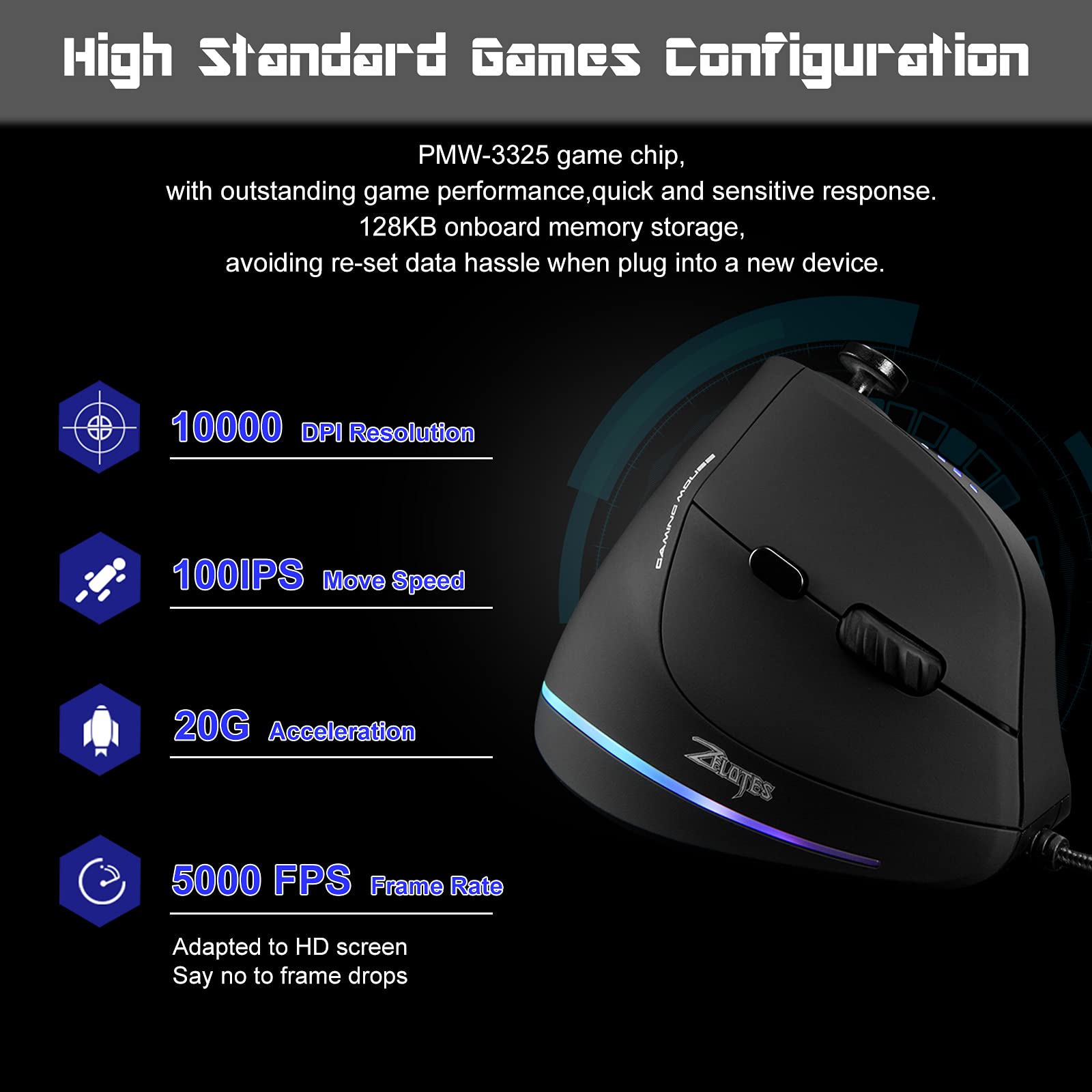 TRELC Gaming Mouse with 5 D Rocker, Ergonomic Mouse with 10000 DPI/11 Programmable Buttons, Vertical Gaming Mice Wired for PC/Laptop/E-Sports/Gamer (Black)