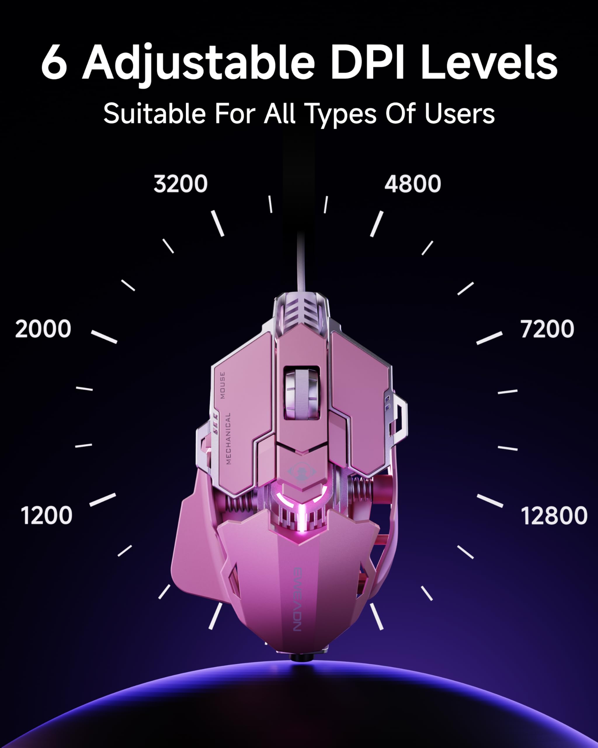 SEUNKWANG EWEADN G5 Wired Gaming Mouse, Ergonomic RGB Computer Mouse, 12800 Adjustable DPI, 9 Programmable Macro Buttons with Rapid Fire Key Compatible for PC/Laptop/Windows-Pink