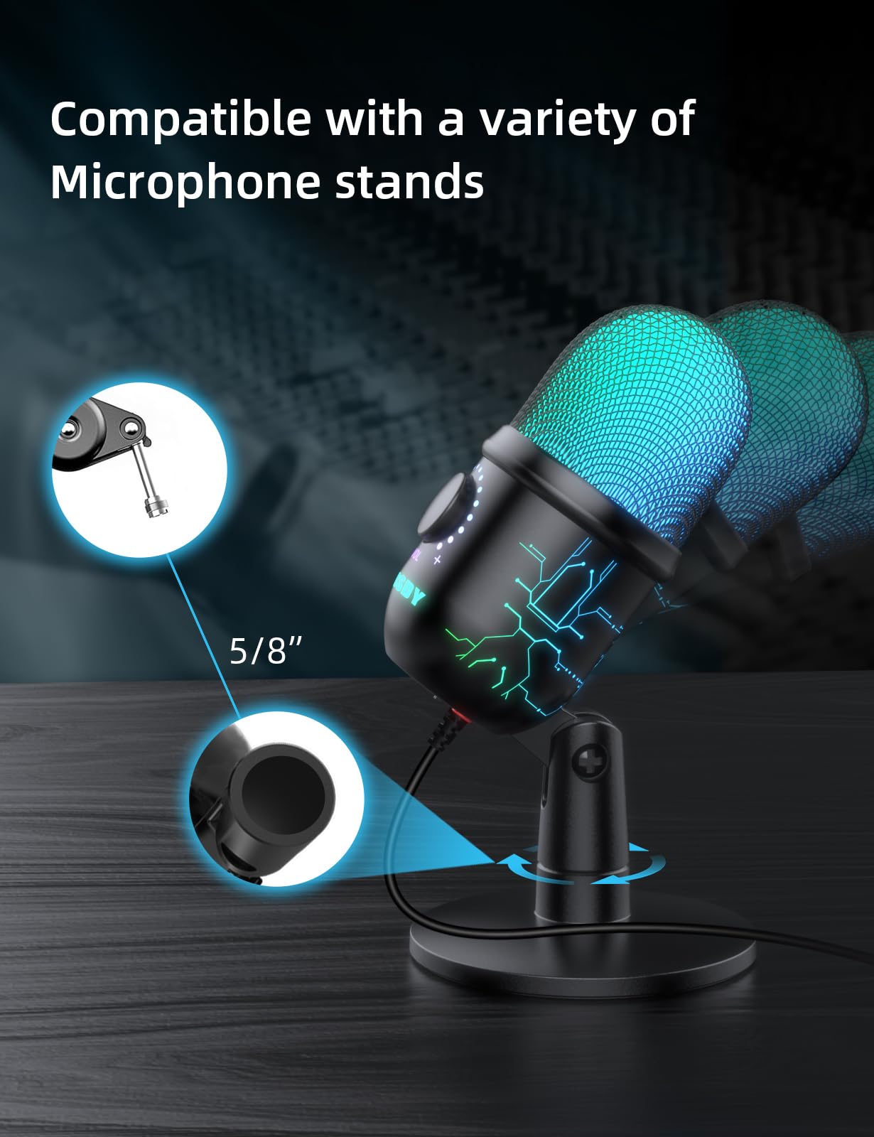 MRSDY Gaming Microphone, USB Computer Microphone for PC, Mac, PS4/5, Condenser Podcast Mic for Studio Recording, YouTube, Streaming, with Headphone Jack, Led Light, Mute, Gain, Noise Cancellation