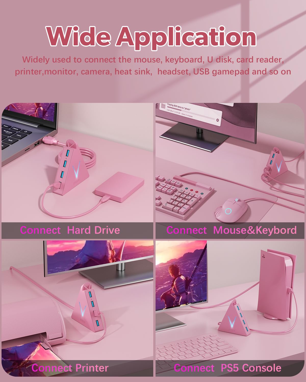 JoyReken 4-Port USB 3.0 Hub, FlyingVHUB Vertical Data USB Hub with 2 ft Extended Cable, for Mac, PC, Xbox One, PS4, PS5, iMac, Surface Pro, XPS, Laptop, Desktop, Flash Drive, Mobile HDD(Pink)