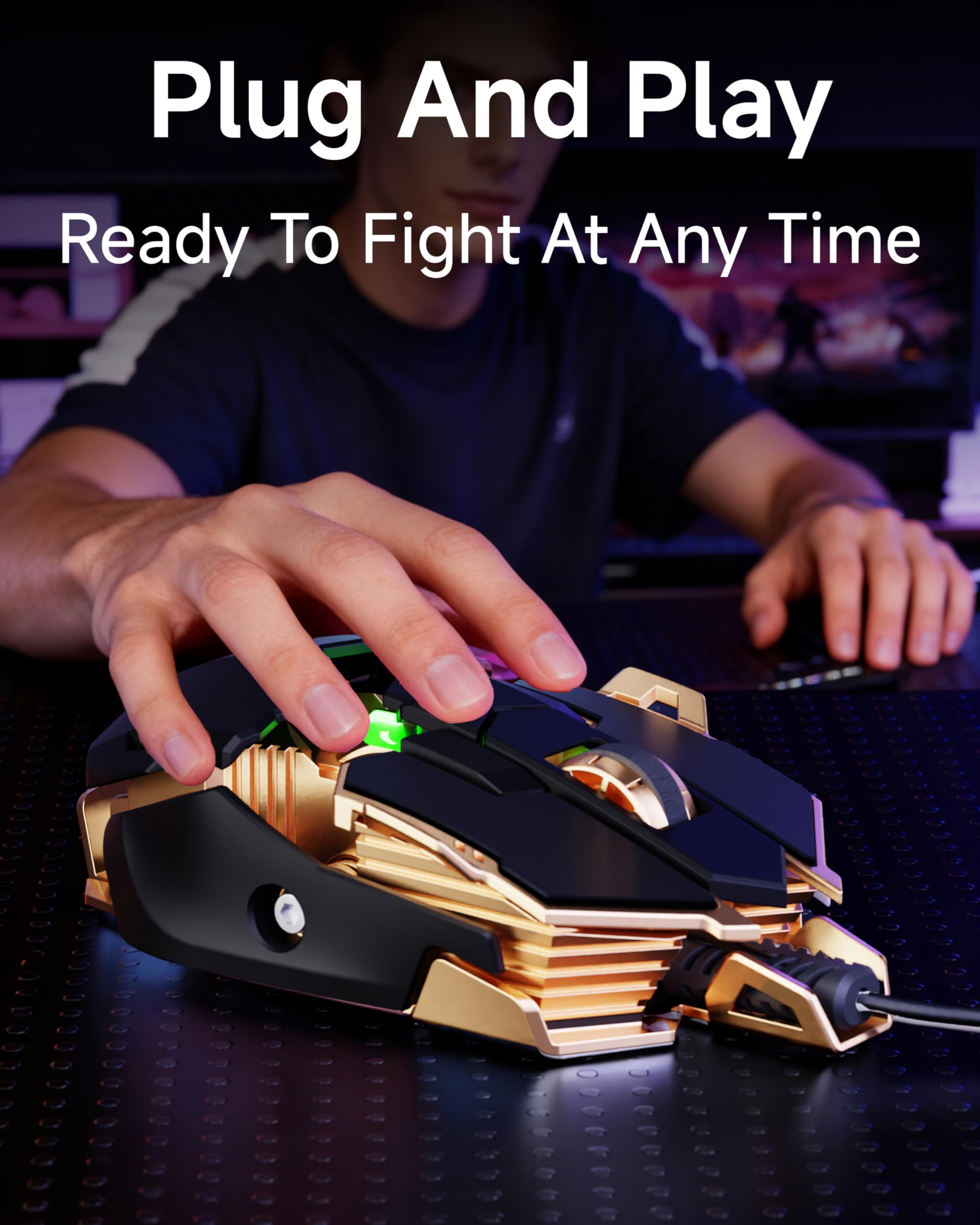 SEUNKWANG EWEADN G5 Wired Gaming Mouse, Ergonomic RGB Computer Mouse, 12800 Adjustable DPI, 9 Programmable Macro Buttons with Rapid Fire Key Compatible for PC/Laptop/Windows- Black&Gold