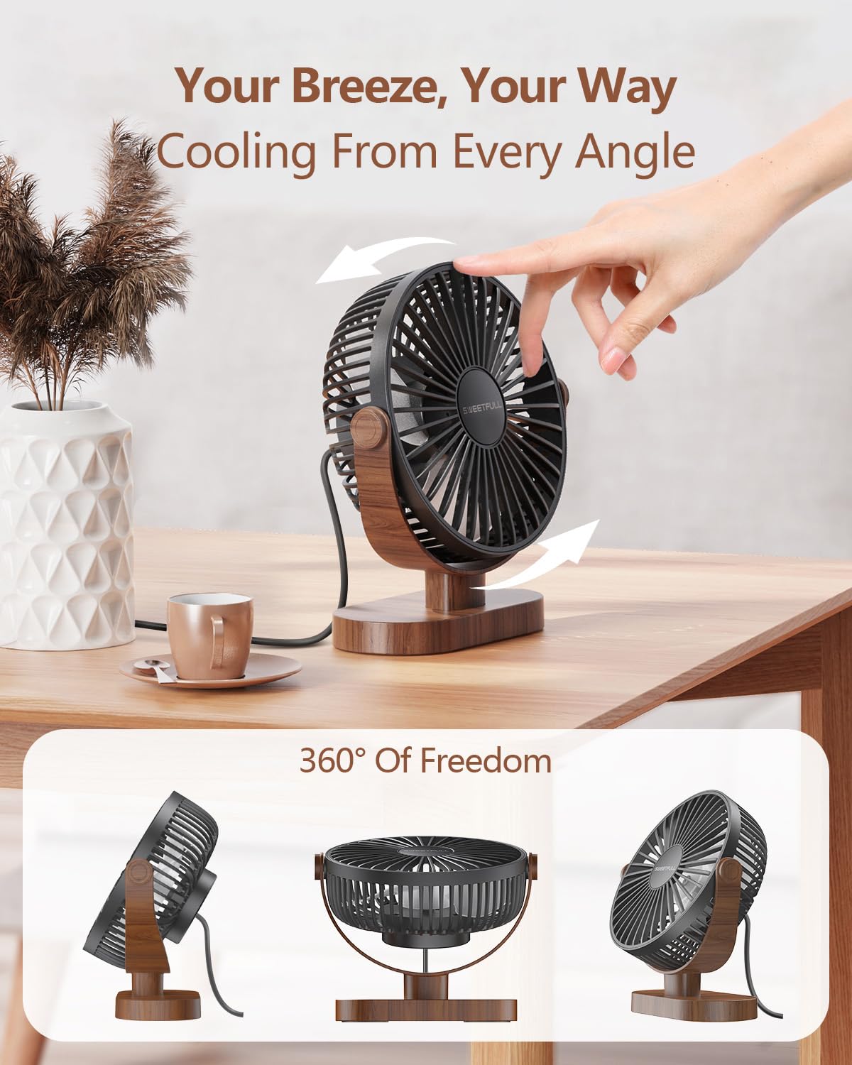 SWEETFULL 6.5 Inch USB Small Desk Fan, 3 Speeds Quiet Portable Desktop Table Fan, 360° Adjustment Personal Mini Fan for Home Office Car Outdoor Travel (Black wood grain)