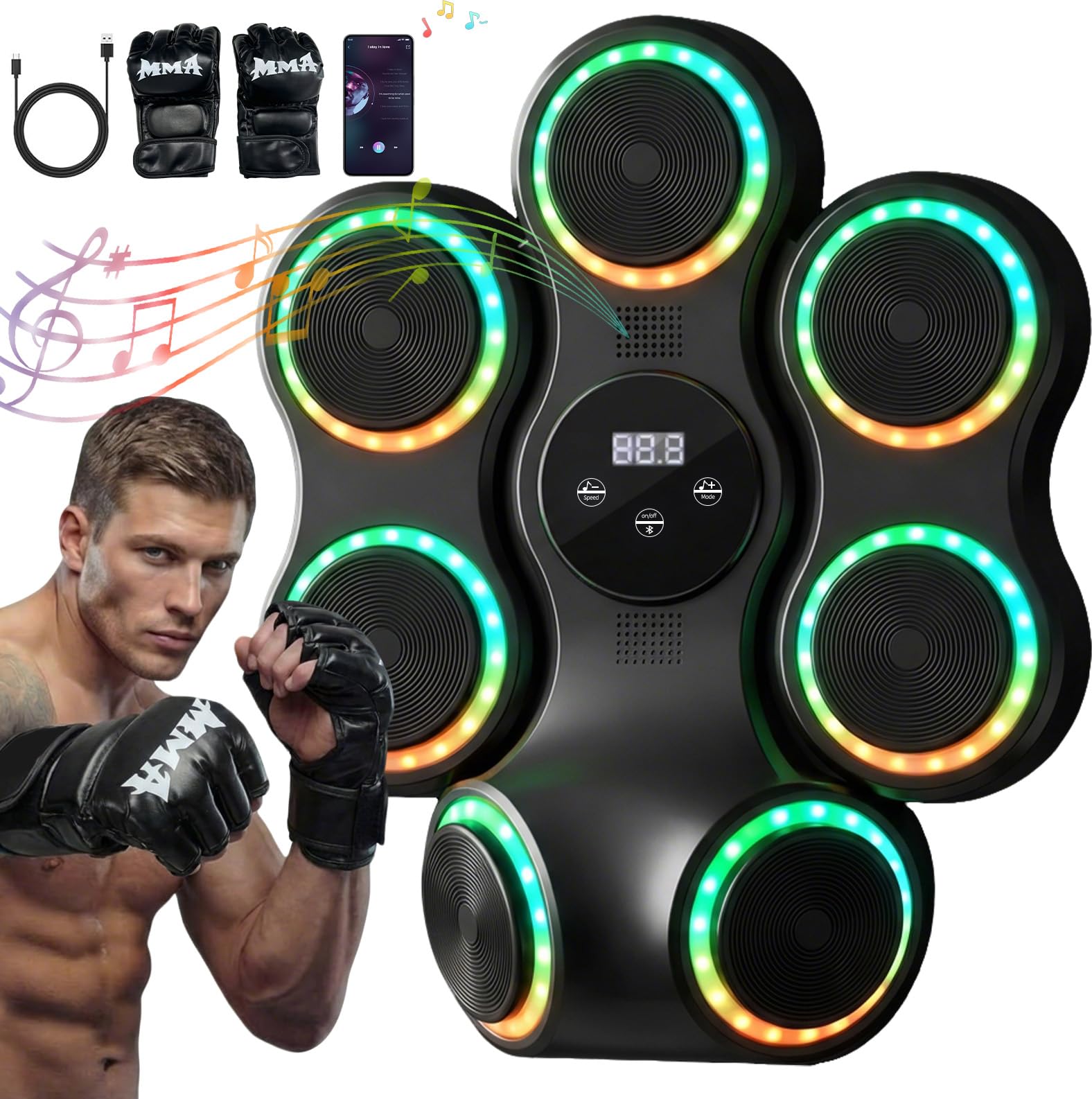 Strenellea Music Boxing Machine for Adults, Large Size Music Punching Machine with Gloves, Interactive Wall Mounted Electronic Boxing Target with 11 Modes & 9 Speeds, Gift for Men and Kid (RGB Light)