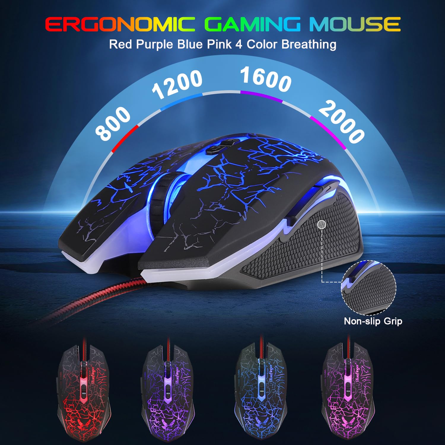 BlueFinger Gaming Keyboard and Mouse,USB Wired Backlit Gaming Mouse and Keyboard Combo,Letters Glow, 3 Color Crack Backlit,Illumination Keyboard and Mouse Set for Game and Work
