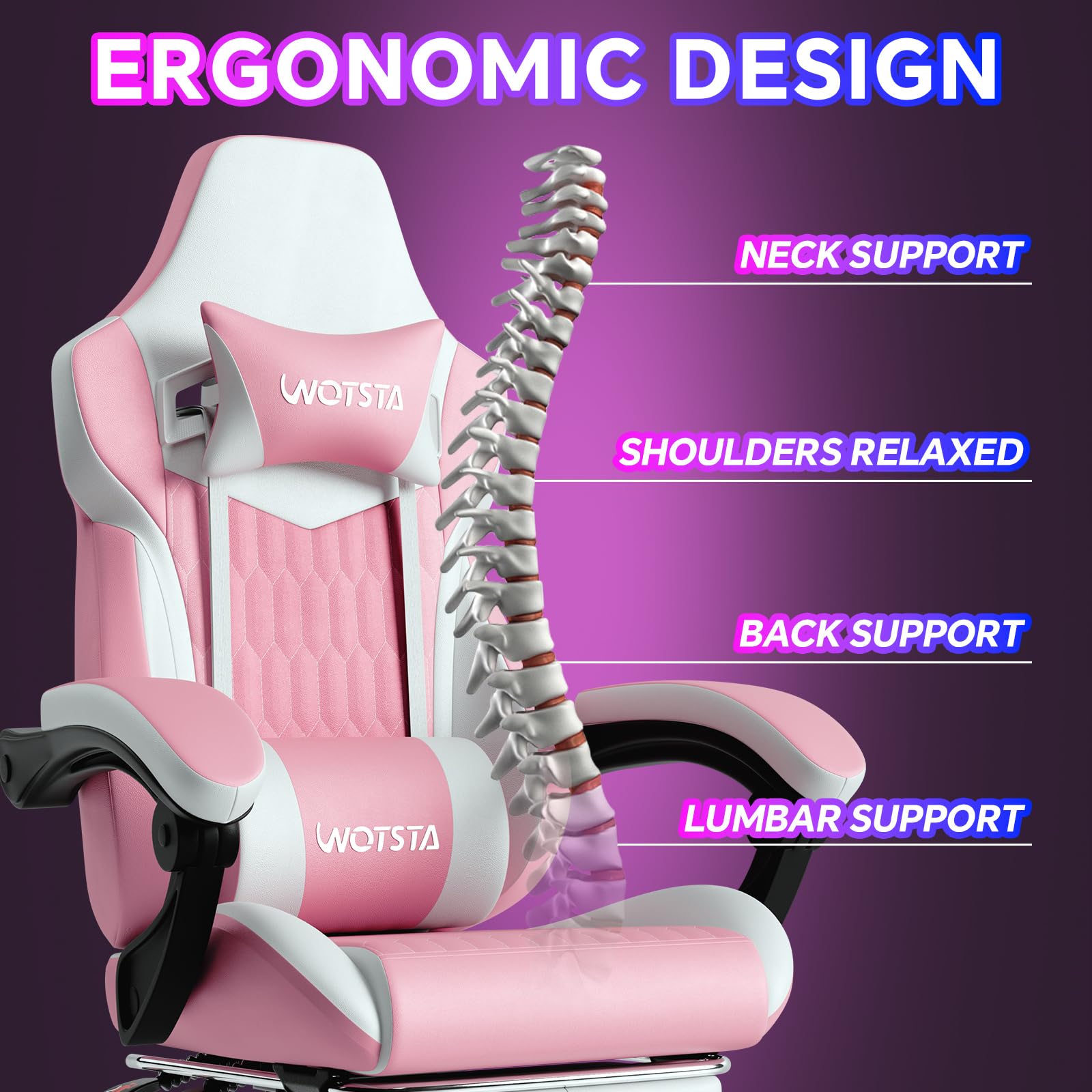 WOTSTA Gaming Chair with Footrest, High Back Gaming Chairs PVC Leather Ergonomic Gamer Chair with Adjustable Headrest Lumbar Support Racing Style Video Gaming Chair for Office/Home (Pink)