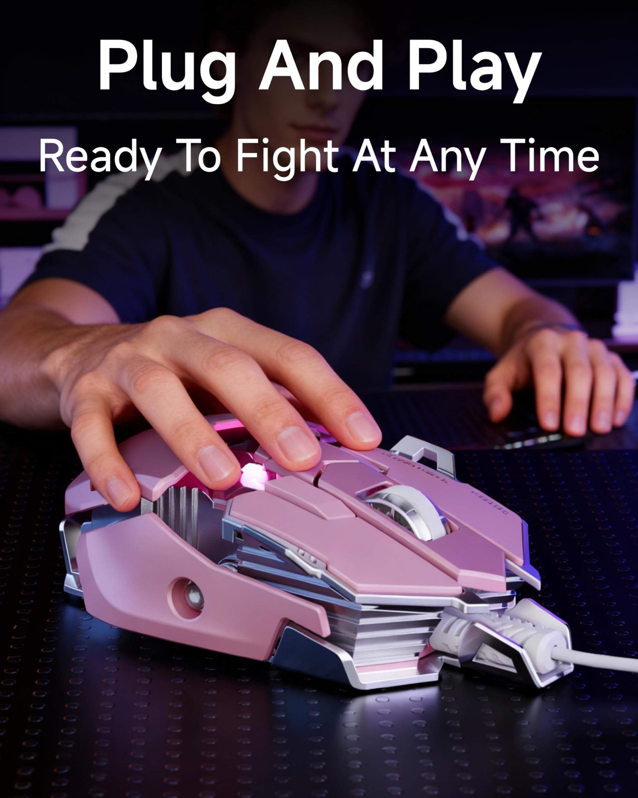 SEUNKWANG EWEADN G5 Wired Gaming Mouse, Ergonomic RGB Computer Mouse, 12800 Adjustable DPI, 9 Programmable Macro Buttons with Rapid Fire Key Compatible for PC/Laptop/Windows-Pink