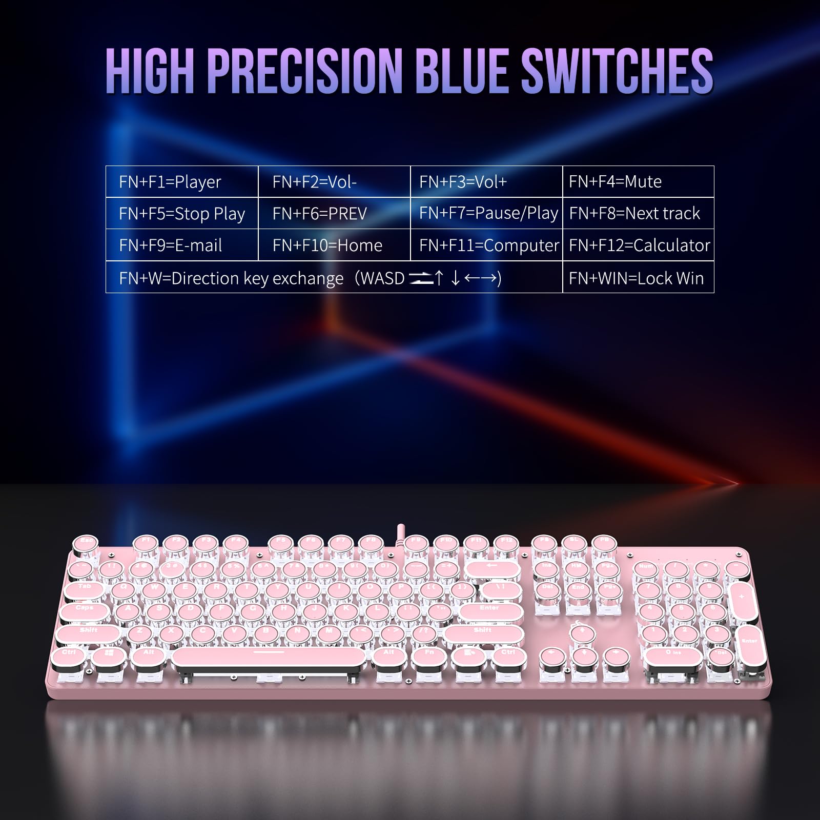 Gaozen Typewriter Mechanical Gaming Keyboard with RGB Backlit Red Switches, 104 Keys Retro Round Keycap, Wired Typewriter Style Comfortable Typing Soud (Pink)