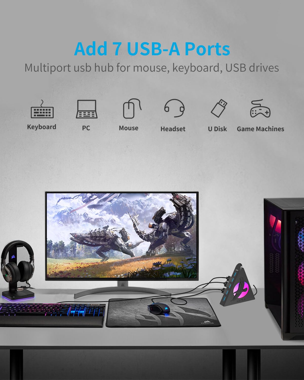 JoyReken 7 Port USB Hub, USB 3.0 Data Hub with 2 ft Long Cable,RGB Night Light,Multi Port Gaming Hub for PC, Laptop, Flash Drive, Keyboard, Mouse, Console, Xbox, PS4/PS5, iMac, Flash Drive, HDD