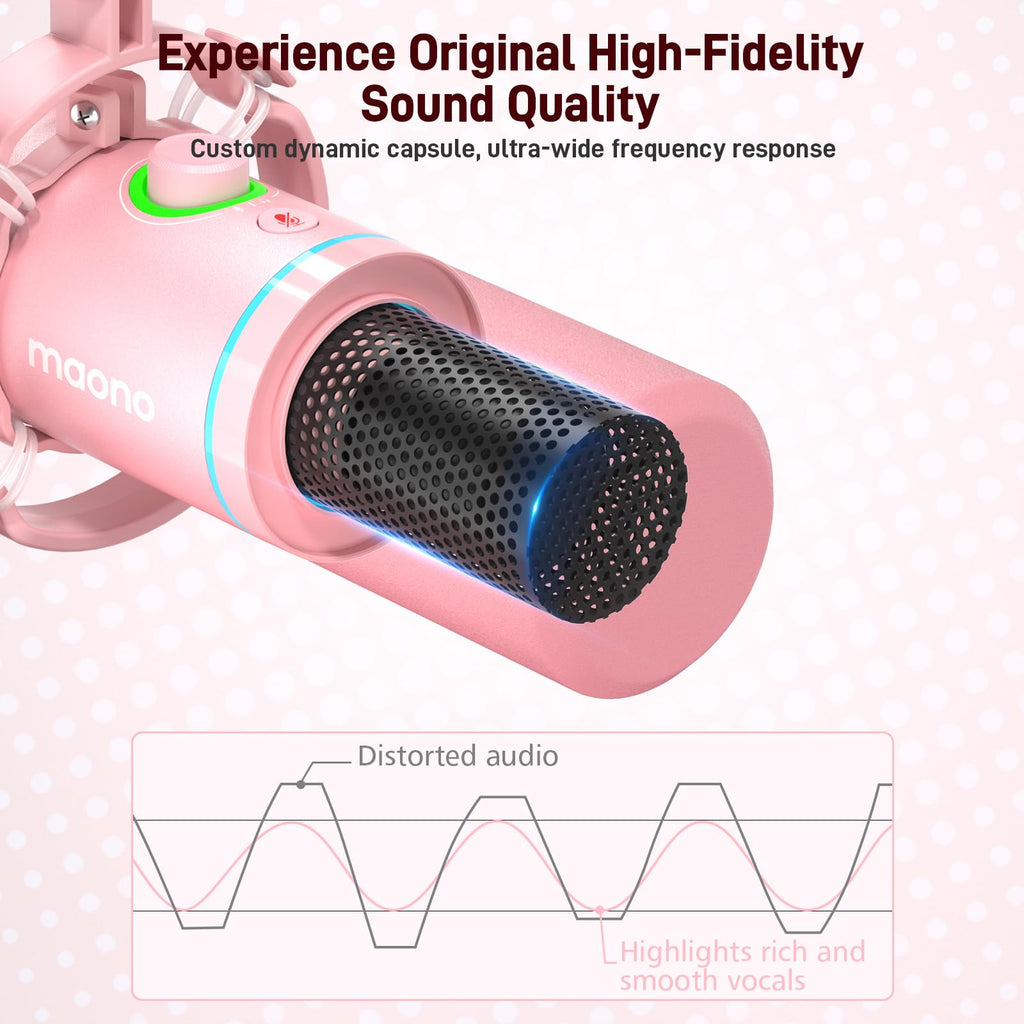 MAONO XLR/USB Dynamic Microphone Kit, RGB Gaming Mic with Software, Mute, Gain Knob, Volume Control, Boom Arm for Streaming, Podcasting, Voice-Over, Recording-PD200XS Pink