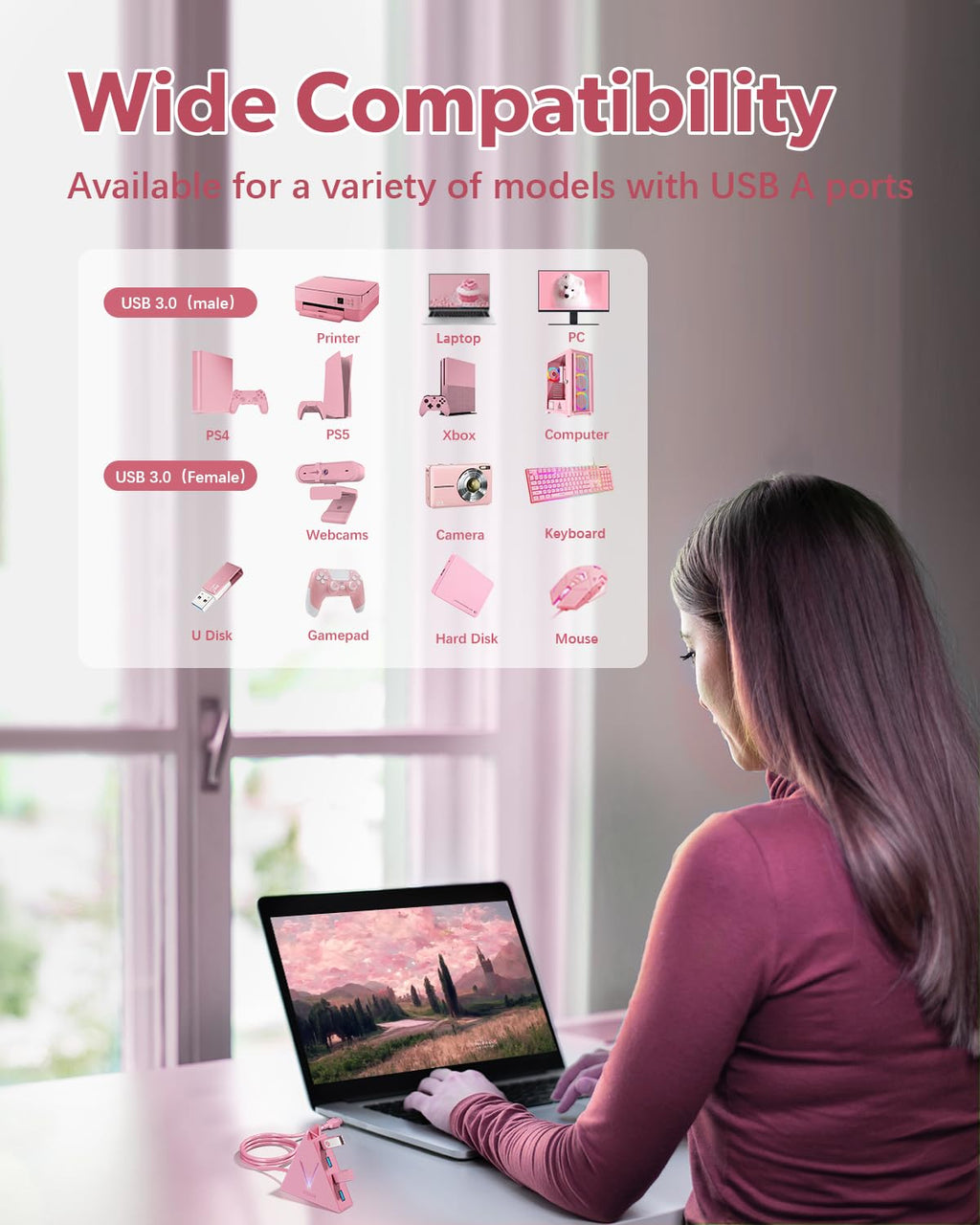 JoyReken 4-Port USB 3.0 Hub, FlyingVHUB Vertical Data USB Hub with 2 ft Extended Cable, for Mac, PC, Xbox One, PS4, PS5, iMac, Surface Pro, XPS, Laptop, Desktop, Flash Drive, Mobile HDD(Pink)