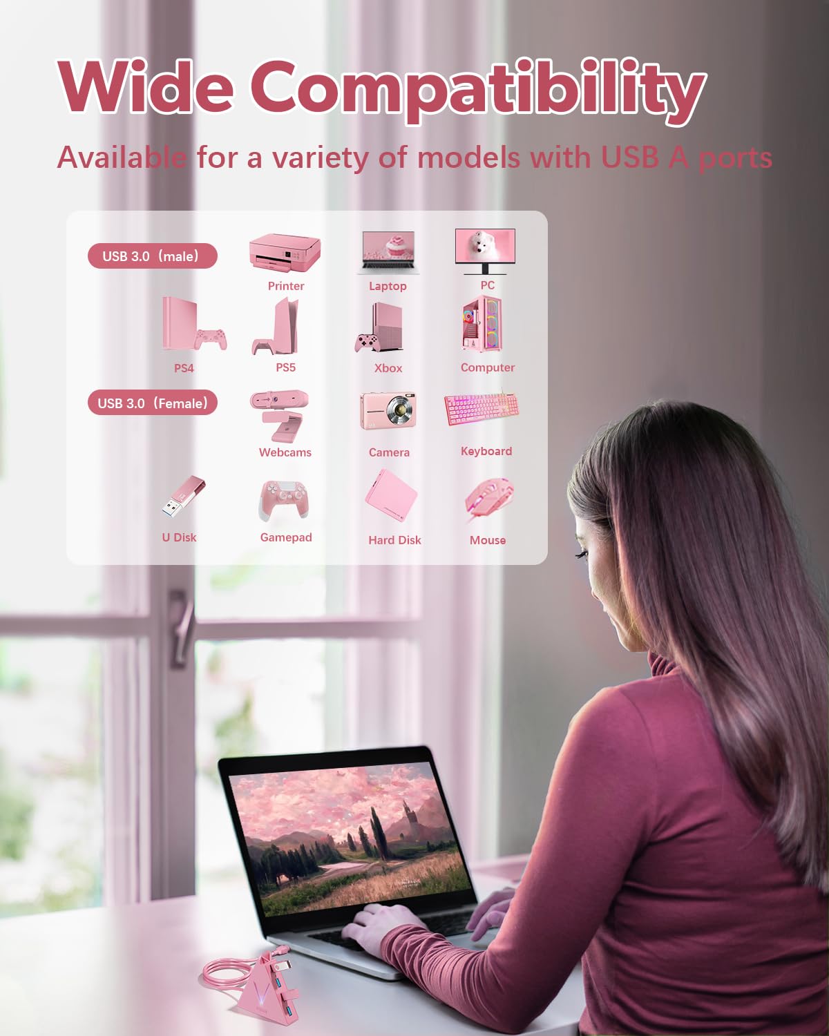 JoyReken 4-Port USB 3.0 Hub, FlyingVHUB Vertical Data USB Hub with 2 ft Extended Cable, for Mac, PC, Xbox One, PS4, PS5, iMac, Surface Pro, XPS, Laptop, Desktop, Flash Drive, Mobile HDD(Pink)