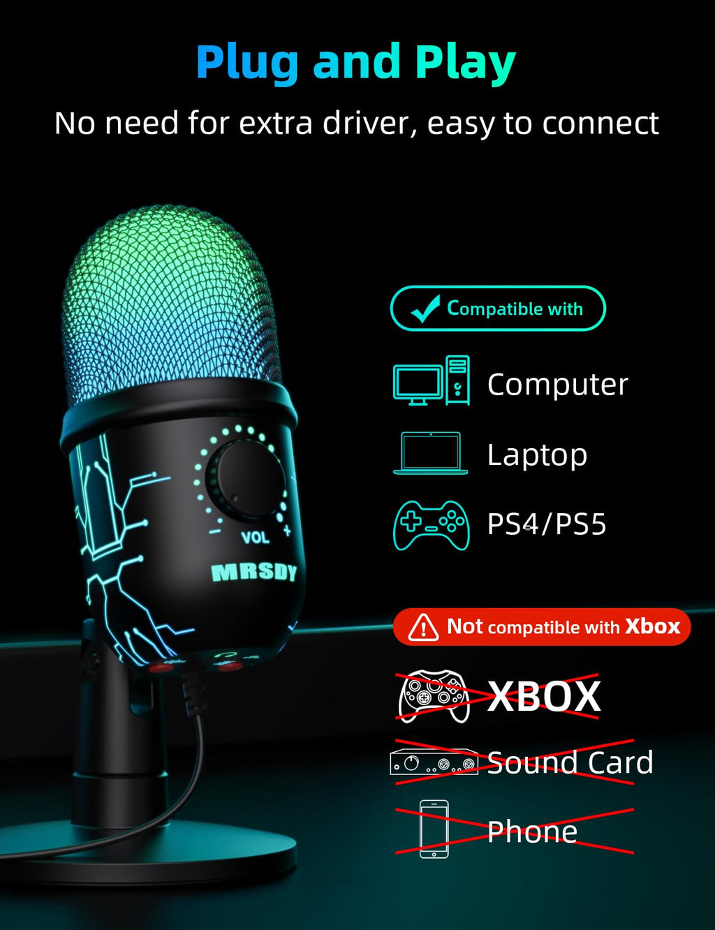 MRSDY Gaming Microphone, USB Computer Microphone for PC, Mac, PS4/5, Condenser Podcast Mic for Studio Recording, YouTube, Streaming, with Headphone Jack, Led Light, Mute, Gain, Noise Cancellation