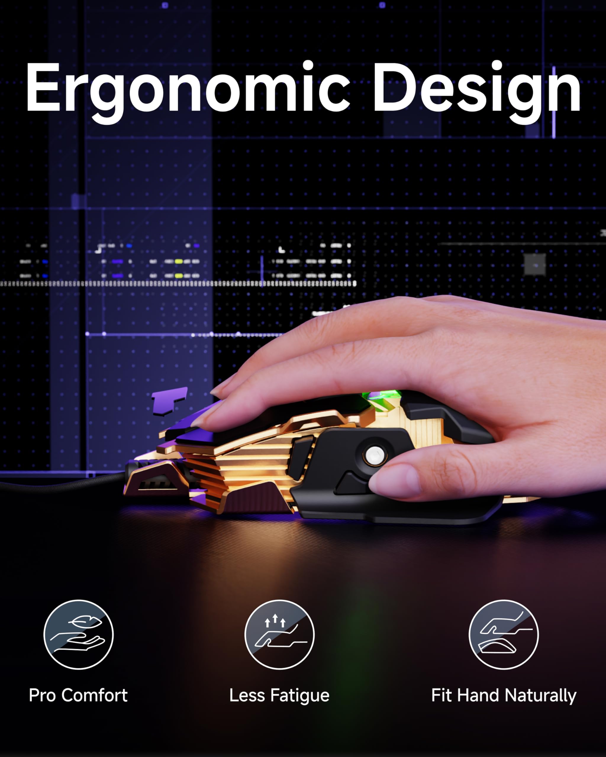 SEUNKWANG EWEADN G5 Wired Gaming Mouse, Ergonomic RGB Computer Mouse, 12800 Adjustable DPI, 9 Programmable Macro Buttons with Rapid Fire Key Compatible for PC/Laptop/Windows- Black&Gold