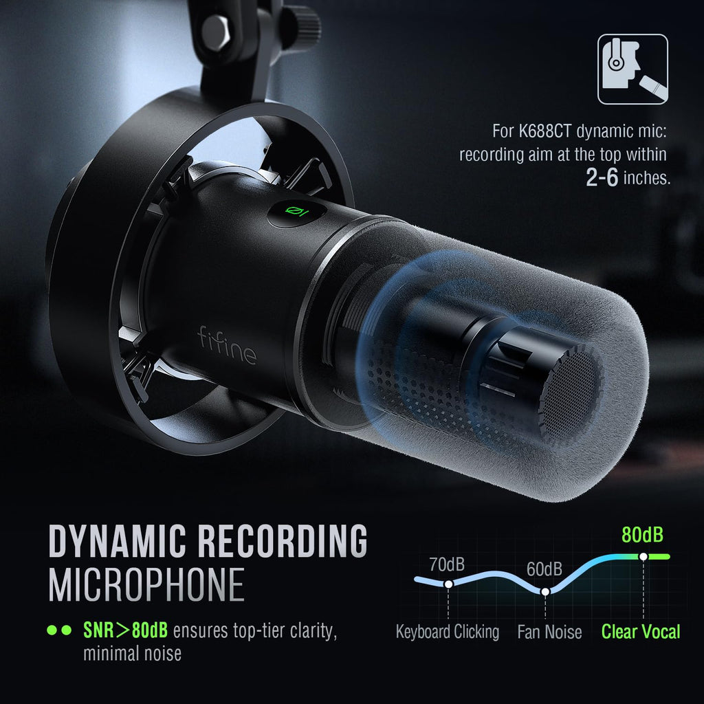 FIFINE K688 Podcast Microphone Kit, USB/XLR Dynamic Microphone with Boom Arm for PC/XLR Mixer, Gaming Mic with Mute Button, Headphone Jack for Vocal, Voice-Over, Streaming, Music Recording -K688CT