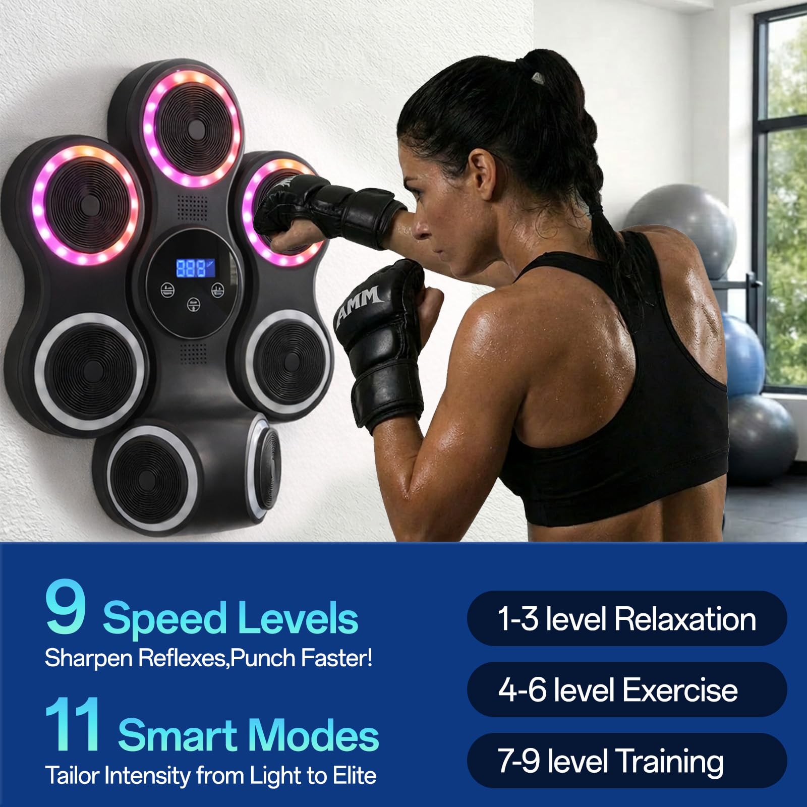 Strenellea Music Boxing Machine for Adults, Large Size Music Punching Machine with Gloves, Interactive Wall Mounted Electronic Boxing Target with 11 Modes & 9 Speeds, Gift for Men and Kid (RGB Light)