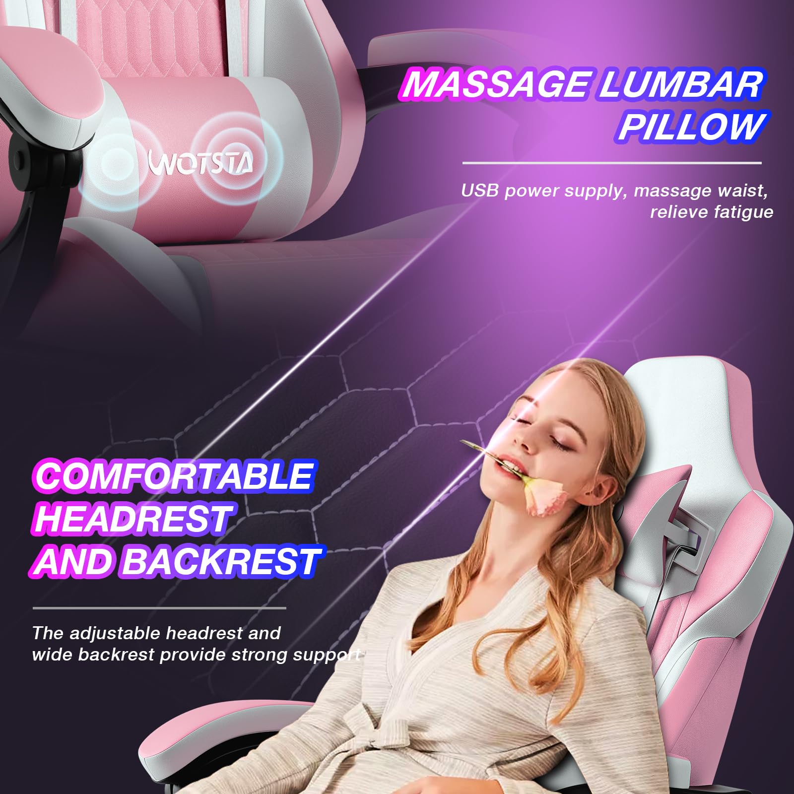 WOTSTA Gaming Chair with Footrest, High Back Gaming Chairs PVC Leather Ergonomic Gamer Chair with Adjustable Headrest Lumbar Support Racing Style Video Gaming Chair for Office/Home (Pink)