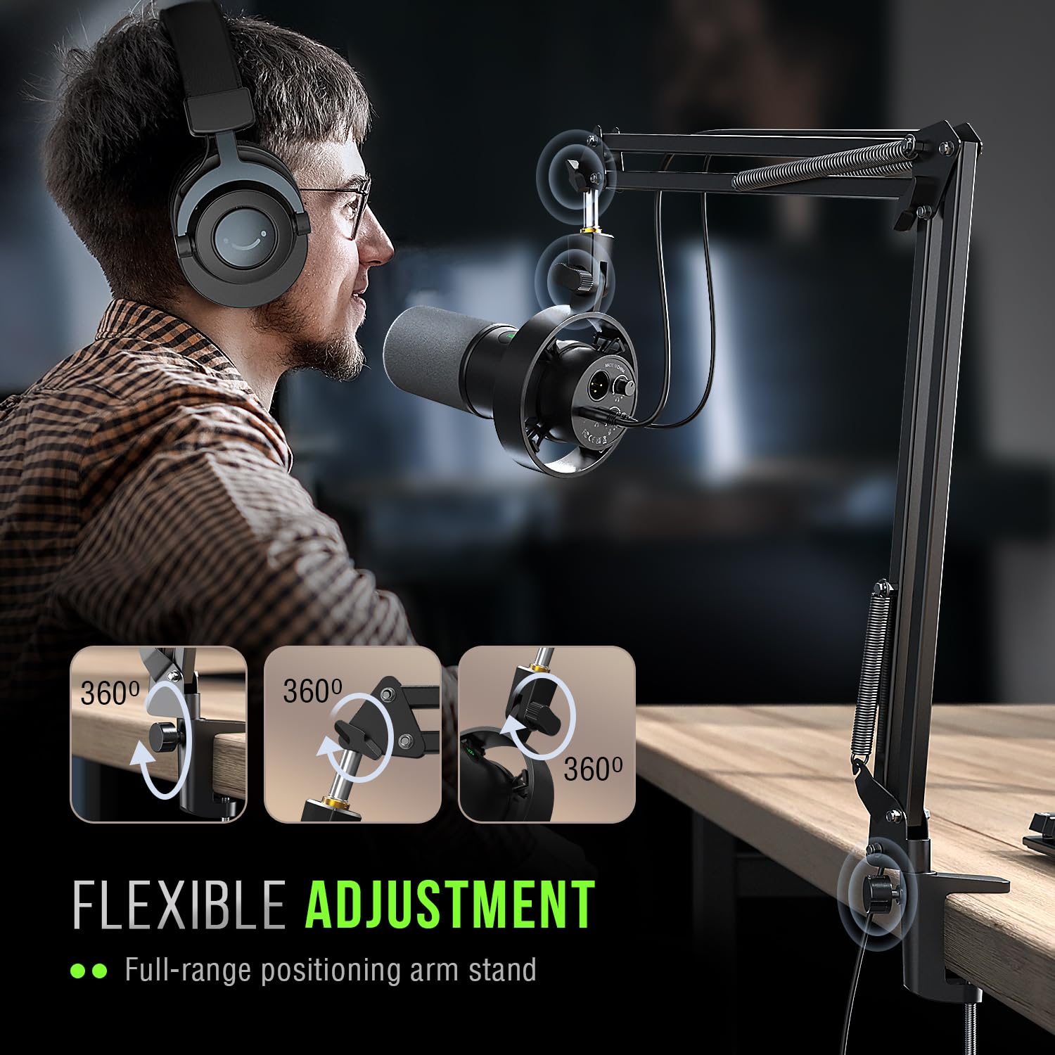 FIFINE K688 Podcast Microphone Kit, USB/XLR Dynamic Microphone with Boom Arm for PC/XLR Mixer, Gaming Mic with Mute Button, Headphone Jack for Vocal, Voice-Over, Streaming, Music Recording -K688CT