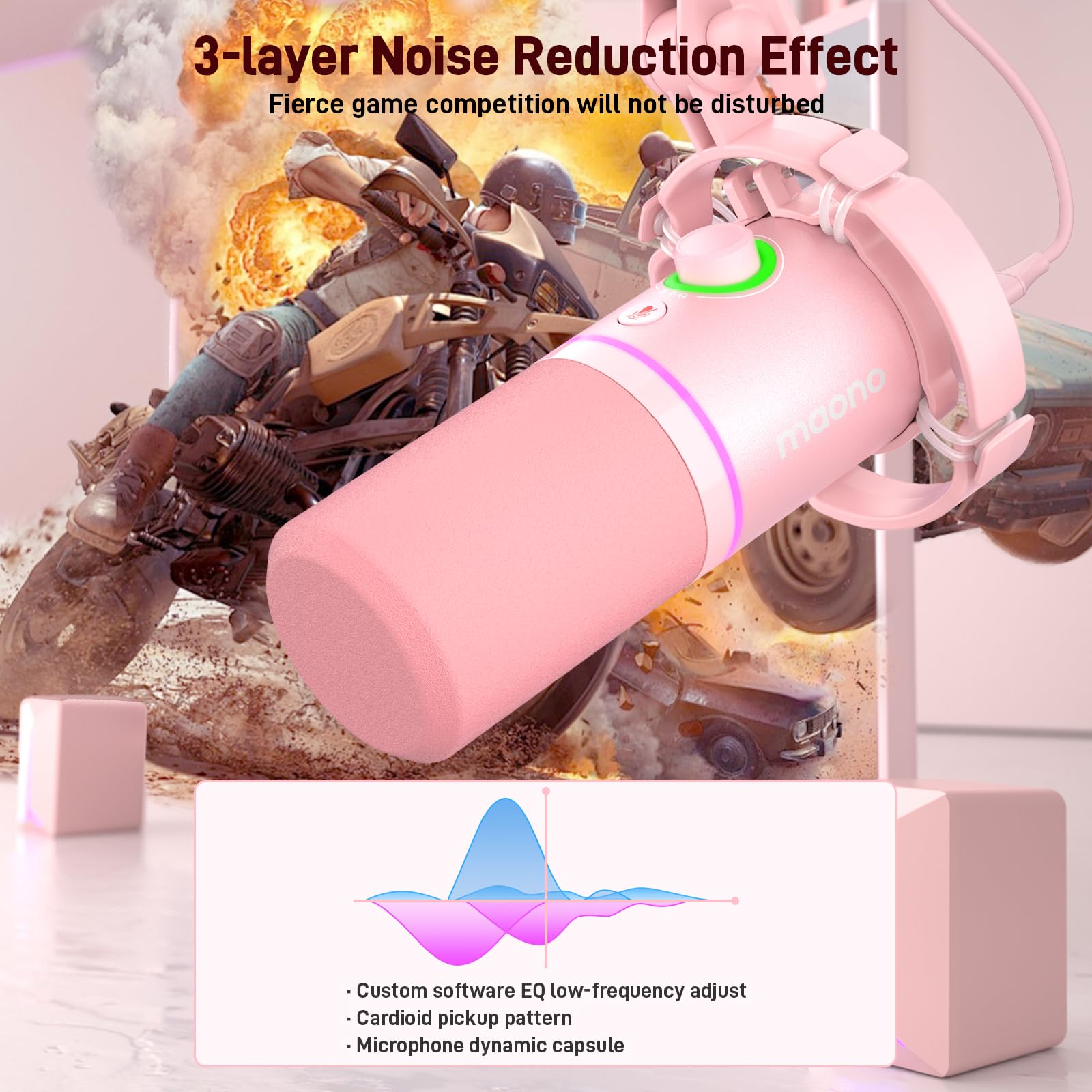 MAONO XLR/USB Dynamic Microphone Kit, RGB Gaming Mic with Software, Mute, Gain Knob, Volume Control, Boom Arm for Streaming, Podcasting, Voice-Over, Recording-PD200XS Pink