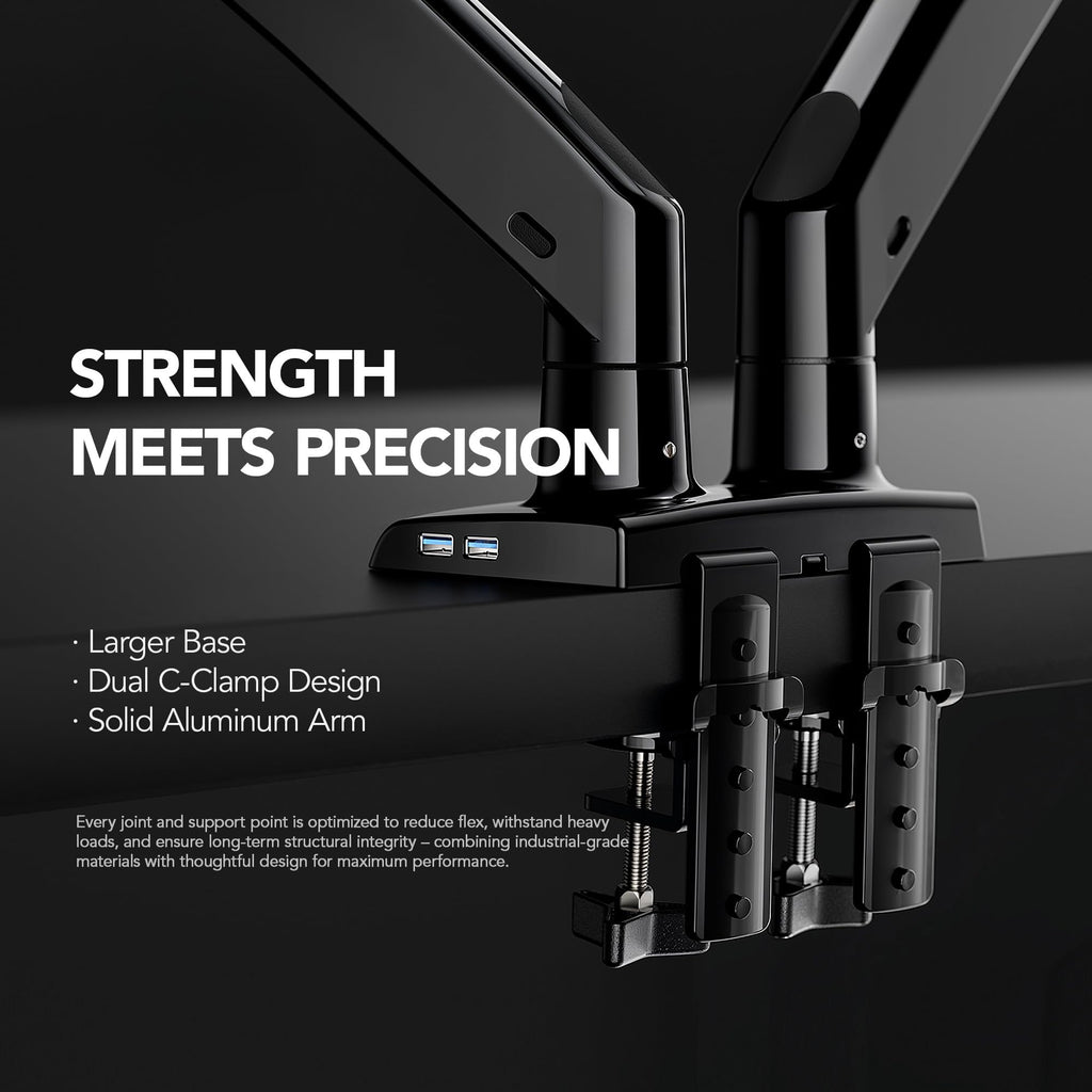 HUANUO Dual Monitor Stand for 13″–40″, Premium Dual Monitor Mount with USB, Height Adjustable Monitor Stand for 2 Monitors, VESA Mount with Clamp/Grommet Base, Holds 26.4lbs per Arm, HNDS7