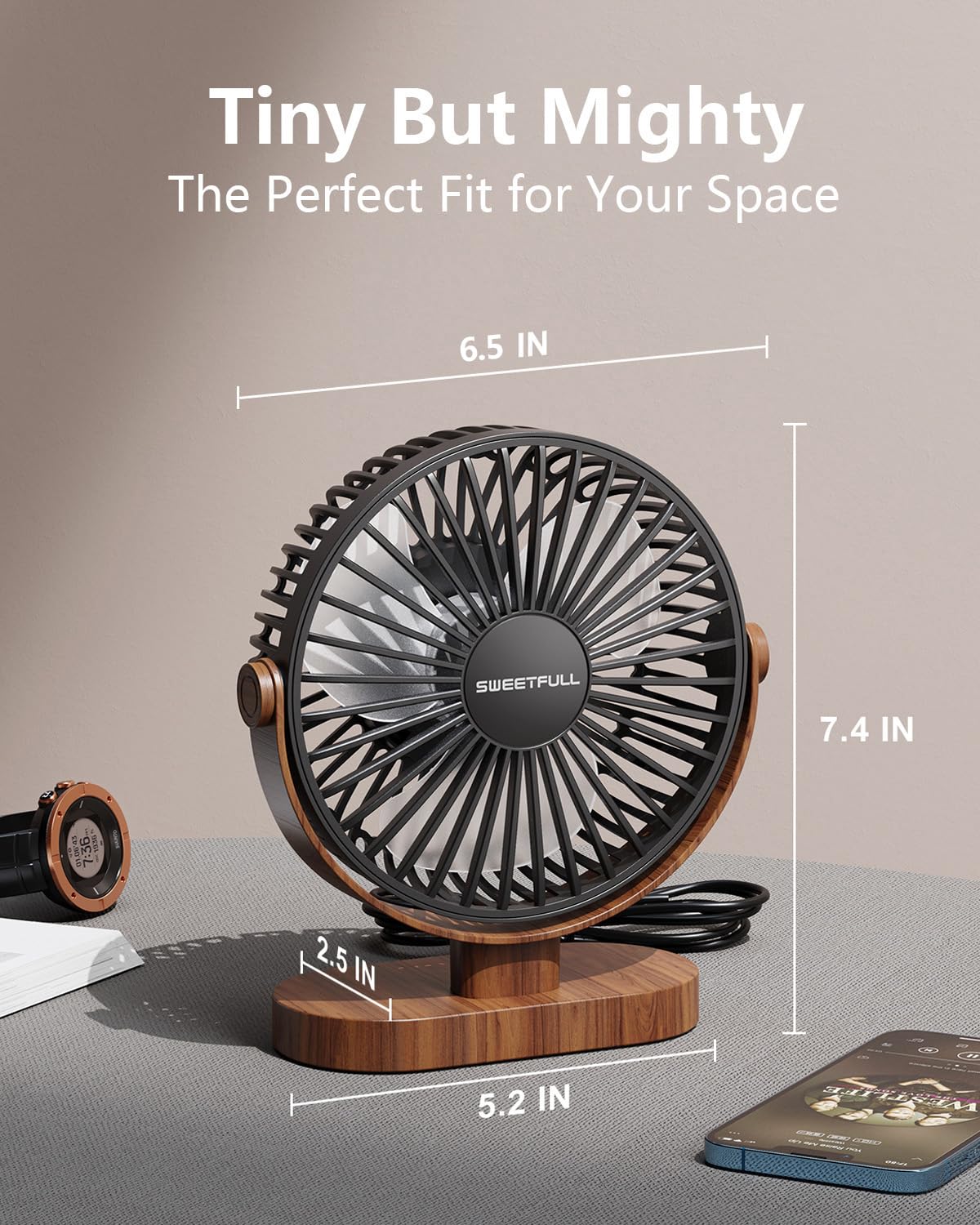 SWEETFULL 6.5 Inch USB Small Desk Fan, 3 Speeds Quiet Portable Desktop Table Fan, 360° Adjustment Personal Mini Fan for Home Office Car Outdoor Travel (Black wood grain)