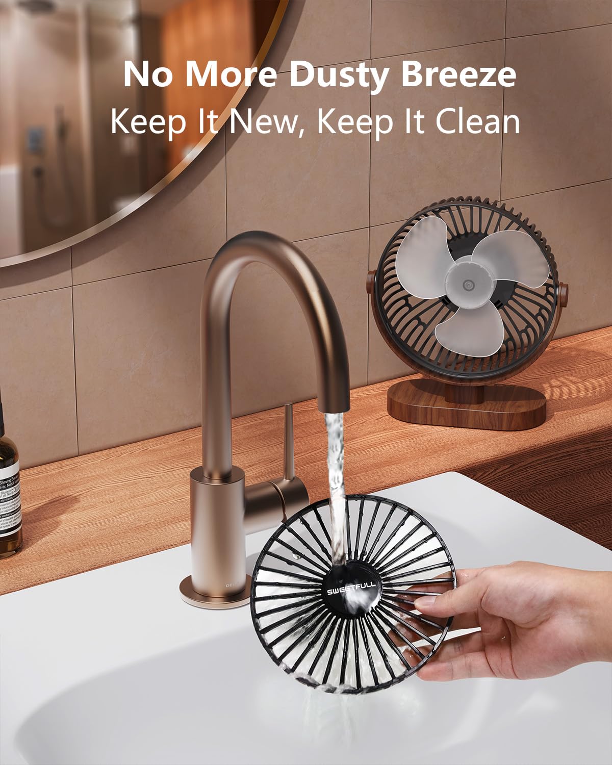 SWEETFULL 6.5 Inch USB Small Desk Fan, 3 Speeds Quiet Portable Desktop Table Fan, 360° Adjustment Personal Mini Fan for Home Office Car Outdoor Travel (Black wood grain)