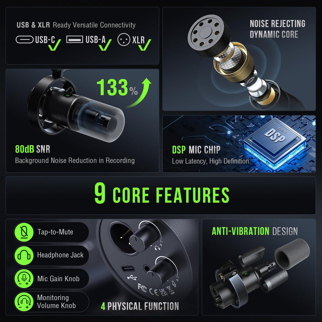 FIFINE K688 Podcast Microphone Kit, USB/XLR Dynamic Microphone with Boom Arm for PC/XLR Mixer, Gaming Mic with Mute Button, Headphone Jack for Vocal, Voice-Over, Streaming, Music Recording -K688CT