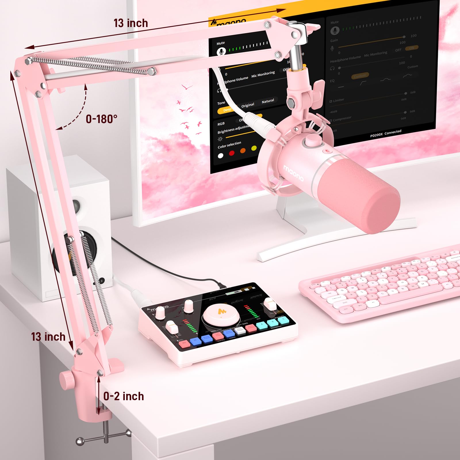 MAONO XLR/USB Dynamic Microphone Kit, RGB Gaming Mic with Software, Mute, Gain Knob, Volume Control, Boom Arm for Streaming, Podcasting, Voice-Over, Recording-PD200XS Pink