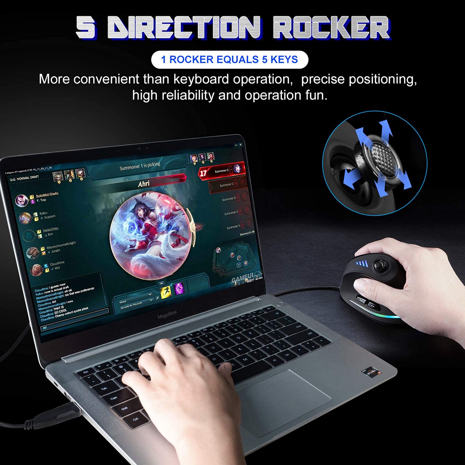 TRELC Gaming Mouse with 5 D Rocker, Ergonomic Mouse with 10000 DPI/11 Programmable Buttons, Vertical Gaming Mice Wired for PC/Laptop/E-Sports/Gamer (Black)