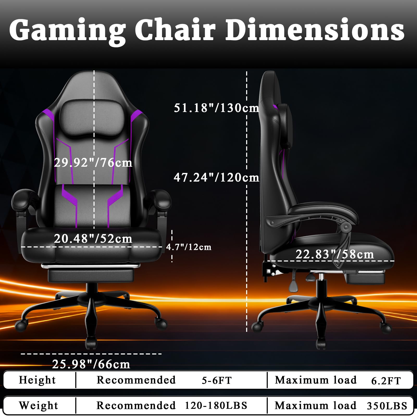 Gaming Chair, Computer Chair with Footrest and Lumbar Support, Ergonomic Video Game Chair with Headrest, Height Adjustable Gamer Chair Office Desk Chair, Purple