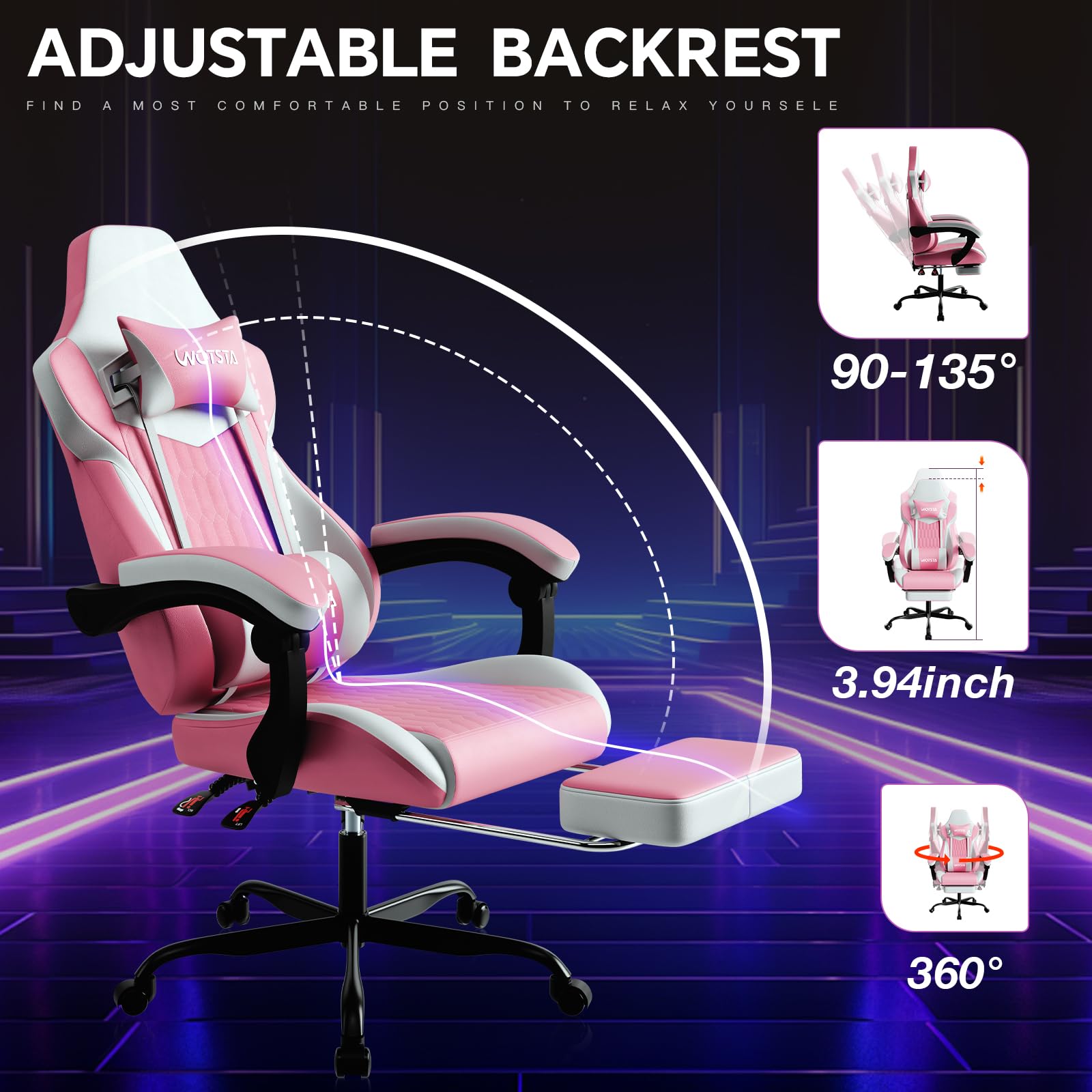 WOTSTA Gaming Chair with Footrest, High Back Gaming Chairs PVC Leather Ergonomic Gamer Chair with Adjustable Headrest Lumbar Support Racing Style Video Gaming Chair for Office/Home (Pink)
