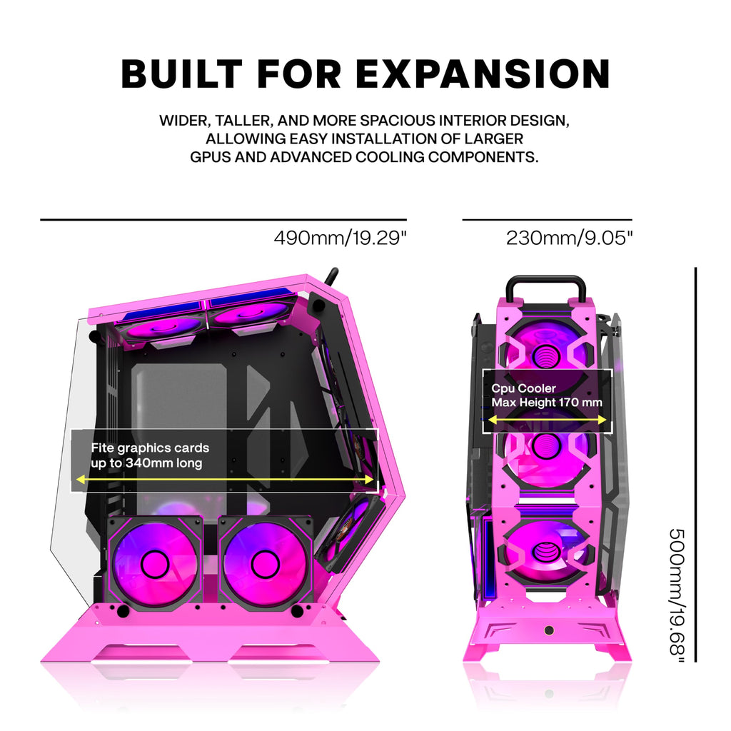 KEDIERS PC Case C570 ATX Mid Tower Tempered Glass Gaming Computer Open Frame Case with 5 PWM ARGB Fans (Pink)