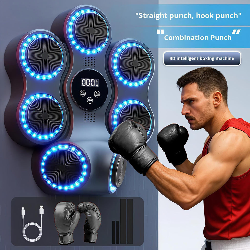Music Boxing Machine, Smart Bluetooth Boxing Machine with Gloves, Wall Mounted Music Punching Trainer for Kids Adult, LED Electronic Workout Punching Machine
