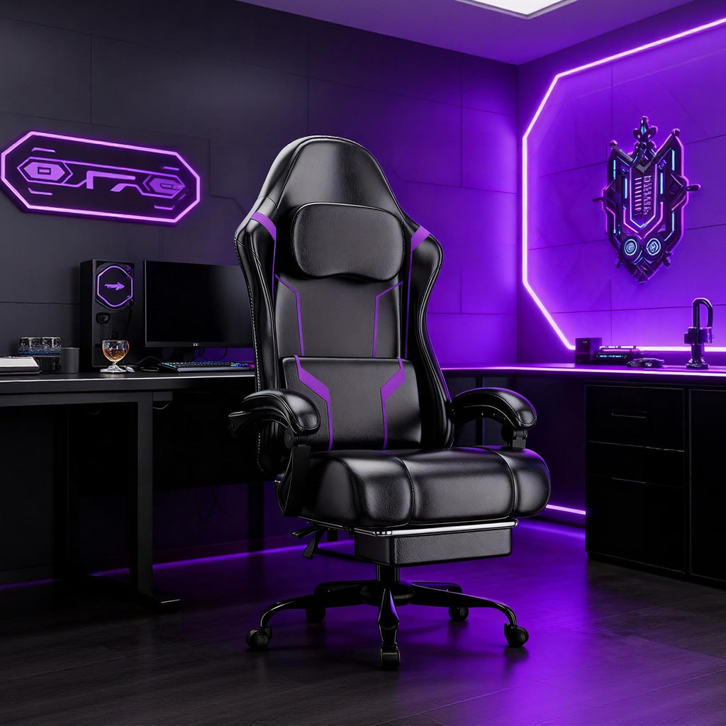 Gaming Chair, Computer Chair with Footrest and Lumbar Support, Ergonomic Video Game Chair with Headrest, Height Adjustable Gamer Chair Office Desk Chair, Purple