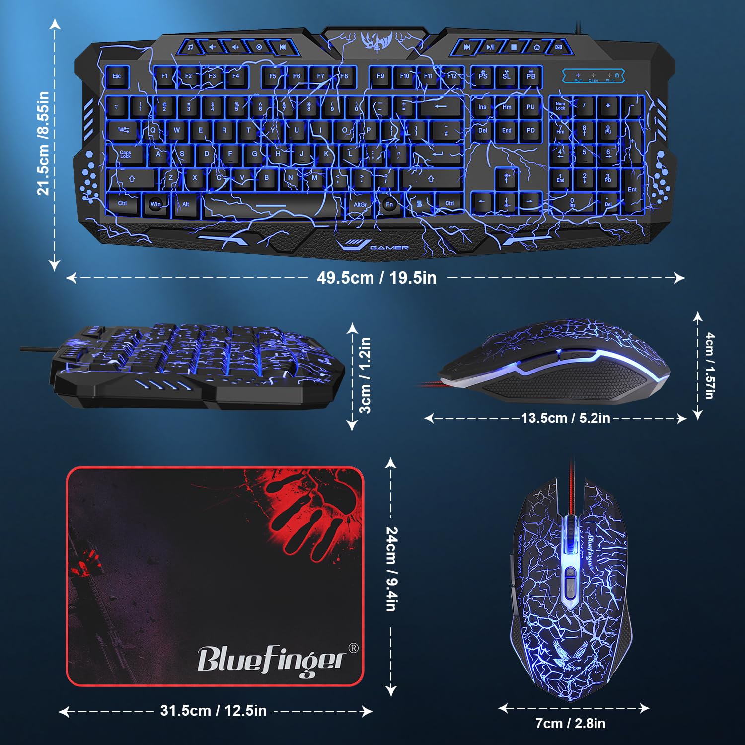 BlueFinger Gaming Keyboard and Mouse,USB Wired Backlit Gaming Mouse and Keyboard Combo,Letters Glow, 3 Color Crack Backlit,Illumination Keyboard and Mouse Set for Game and Work