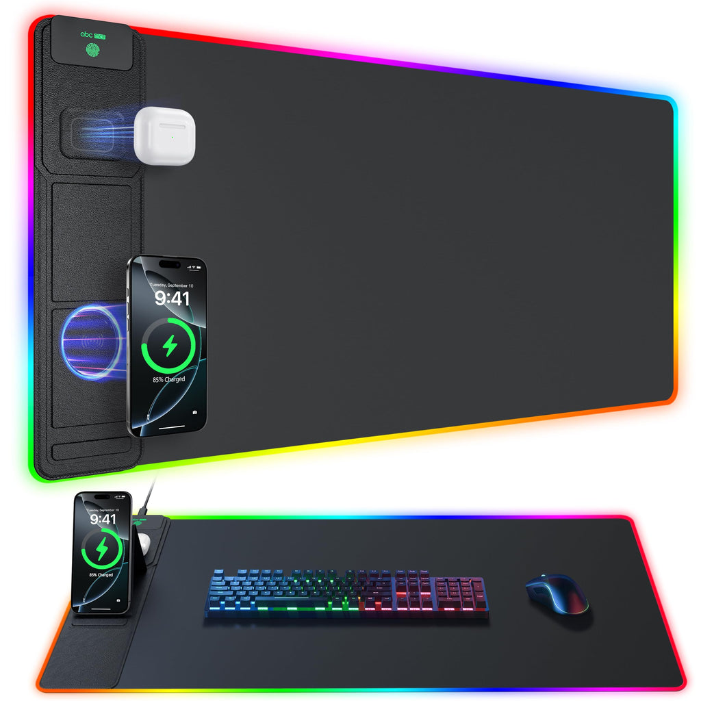 abc.mat 4-in-1 RGB Gaming Mouse Pad with Wireless Charging & Phone Stand, 31.5"x15.8" Large, 24 Light Effects, Non-Slip Base, Waterproof Ultra-Smooth Surface, with Adatper