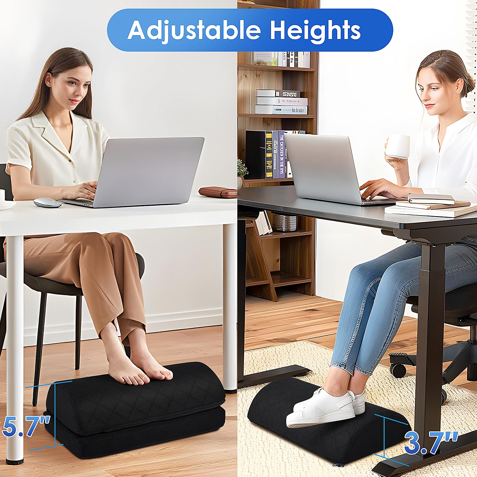 CushZone Foot Rest for Under Desk at Work Adjustable Foam for Office and Home, Office Desk Accessories，Comfortable Footrest with 2 Adjustable Heights，Back & Hip Pain Relief (Black)