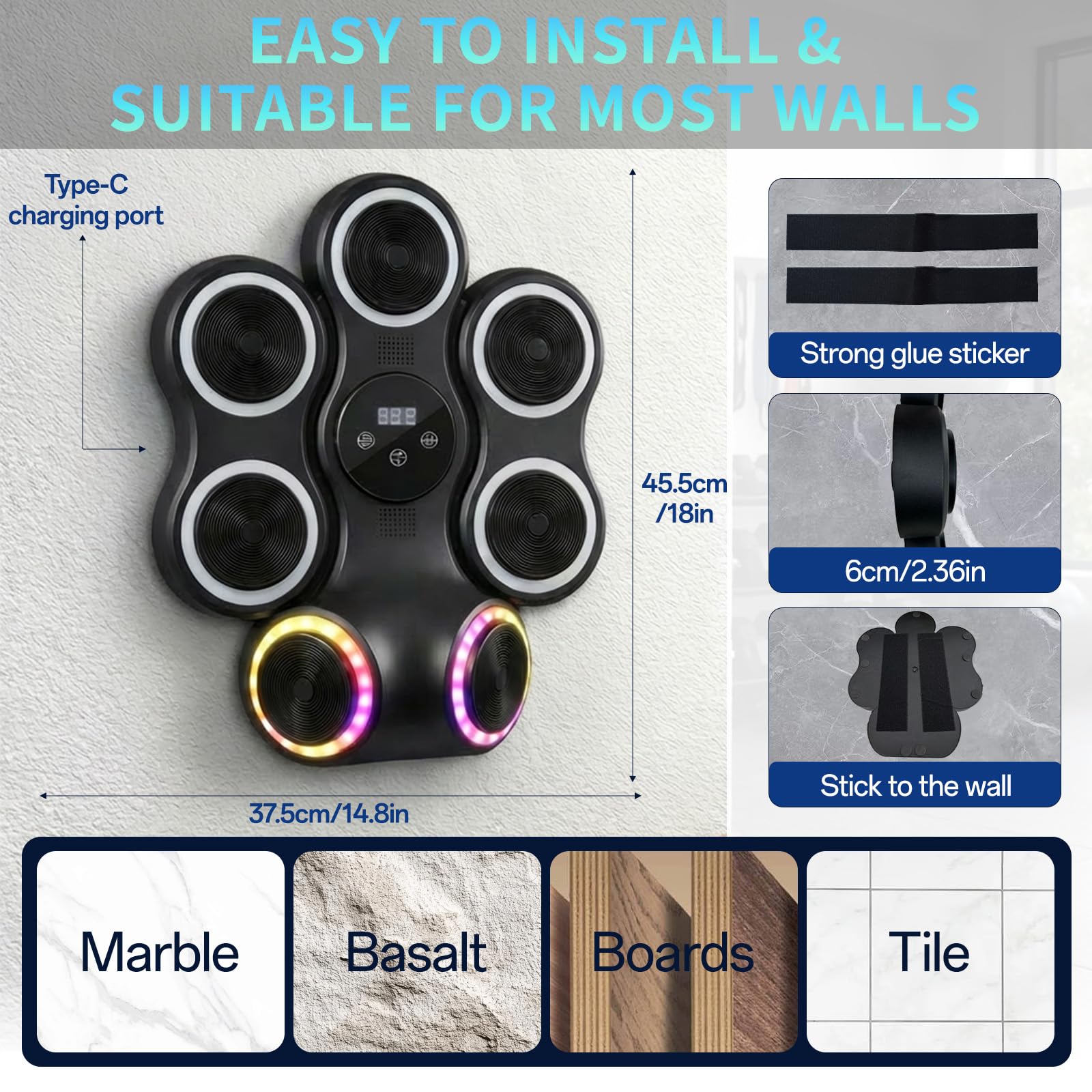 Strenellea Music Boxing Machine for Adults, Large Size Music Punching Machine with Gloves, Interactive Wall Mounted Electronic Boxing Target with 11 Modes & 9 Speeds, Gift for Men and Kid (RGB Light)