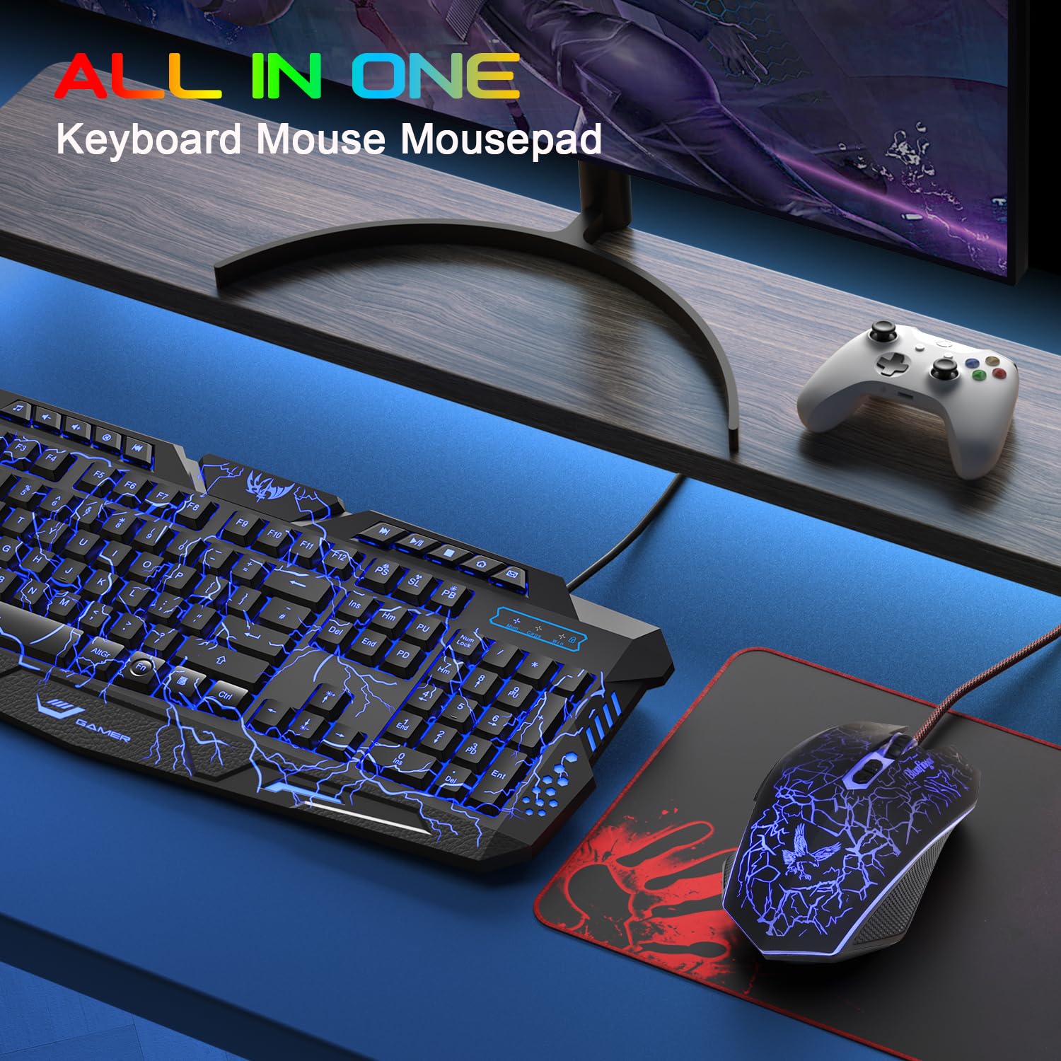 BlueFinger Gaming Keyboard and Mouse,USB Wired Backlit Gaming Mouse and Keyboard Combo,Letters Glow, 3 Color Crack Backlit,Illumination Keyboard and Mouse Set for Game and Work